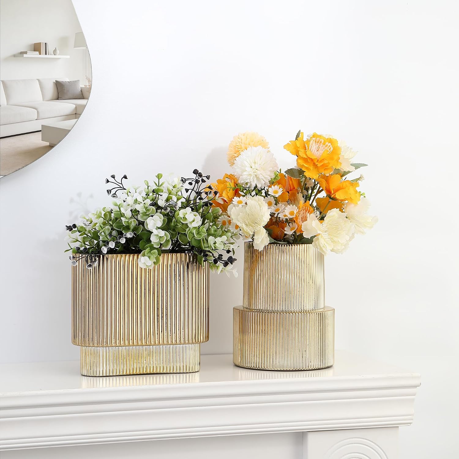 Glass Vases / Modern Glass Vase / Gold / Ribbed + Oval / Set of 2