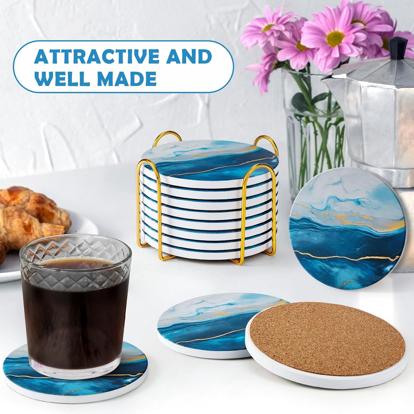 Absorbent Marble Style Ceramic Coaster Tabletop Protection Home Decor / Blue / Set of 8
