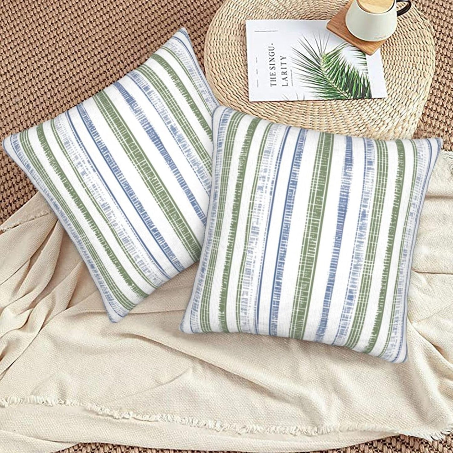 Boho Blue and Sage Green Striped Throw Pillow / 18 x 18 / Boho Blue Sage Green Striped / Set of 2