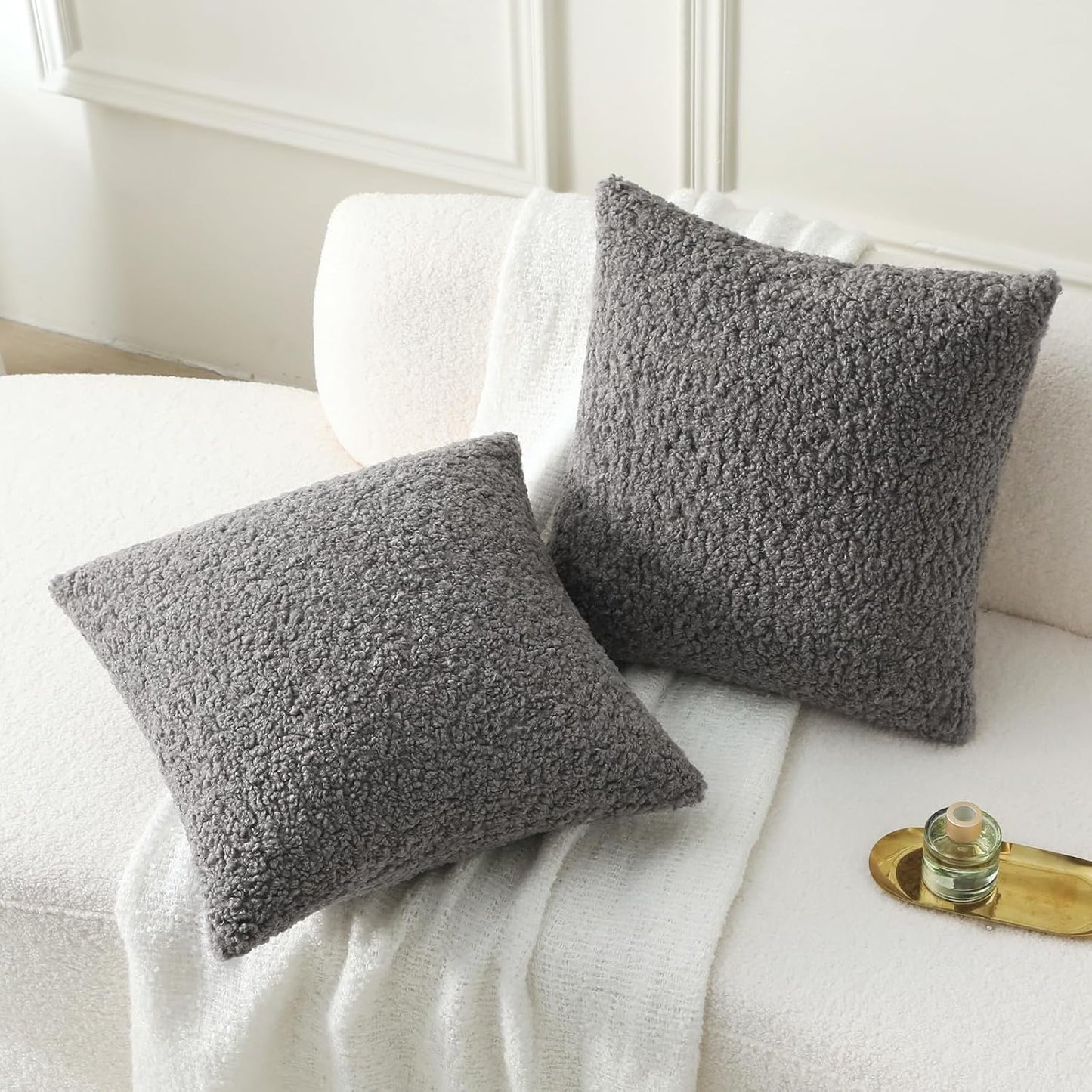 Furry Faux Fur Teddy Boucle Textured Cushion Covers / Dark Grey / 18 x 18 / Set of 2