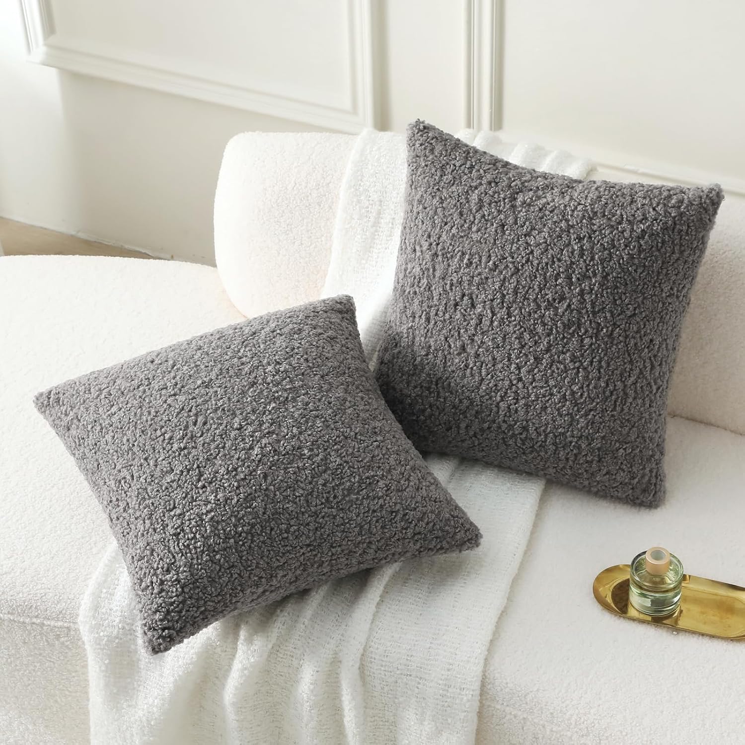 Furry Faux Fur Teddy Boucle Textured Cushion Covers / Dark Grey / 18 x 18 / Set of 2