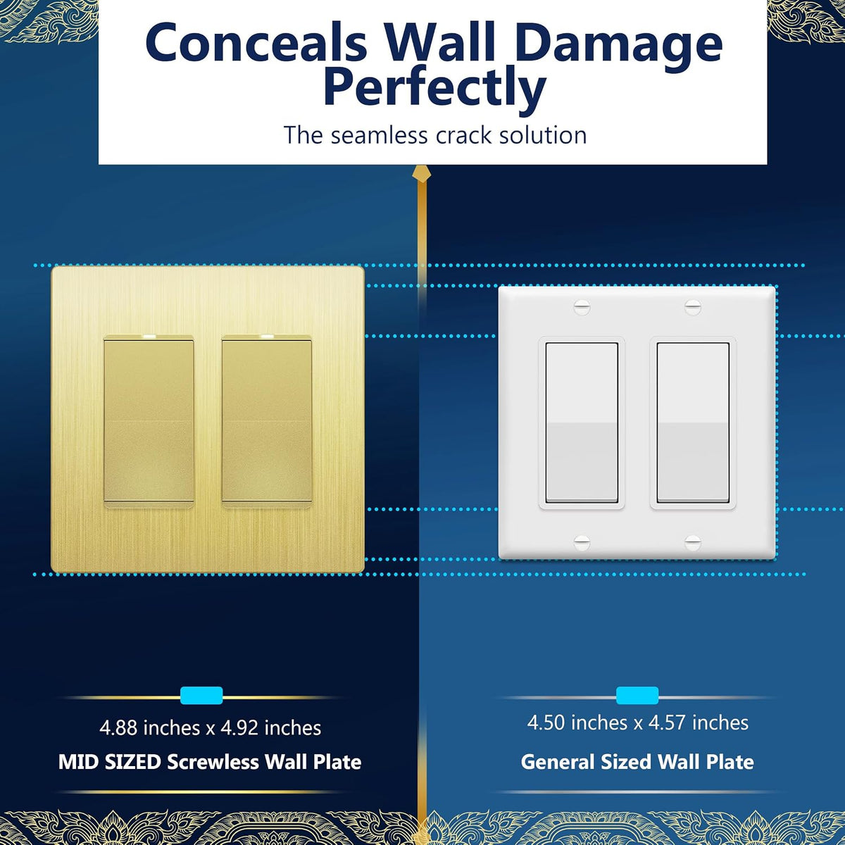 LIDER Double Decorator Switch Cover, Screwless Wall Plate, Mid-Size 2-Gang | 5-Pack, Brushed Gold, Polycarbonate