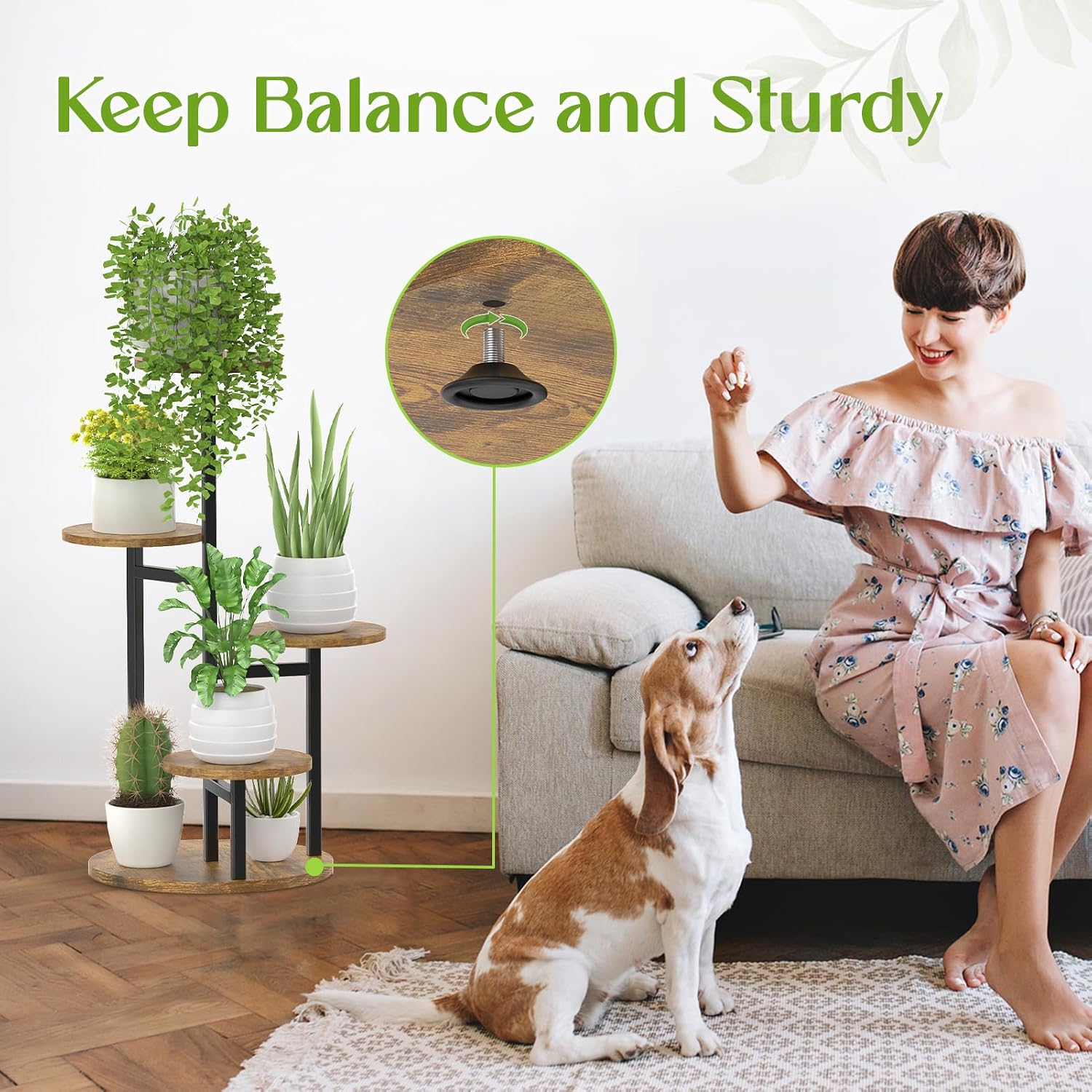 Oppro Plant Stand Indoor, 5 Tier Metal Wood Flower Multiple Shelf | Heavy Duty Round Sturdy Spiral Planter Orchid