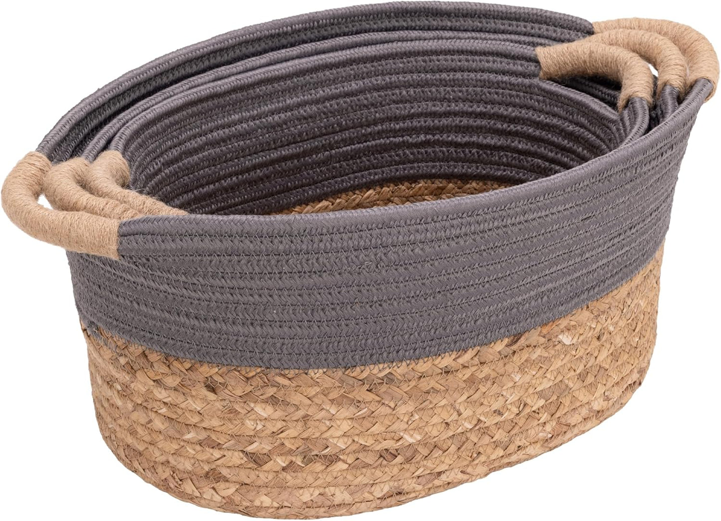 Natural Handwoven Portable Laundry Bin Basket / Gray / 3 Piece Set