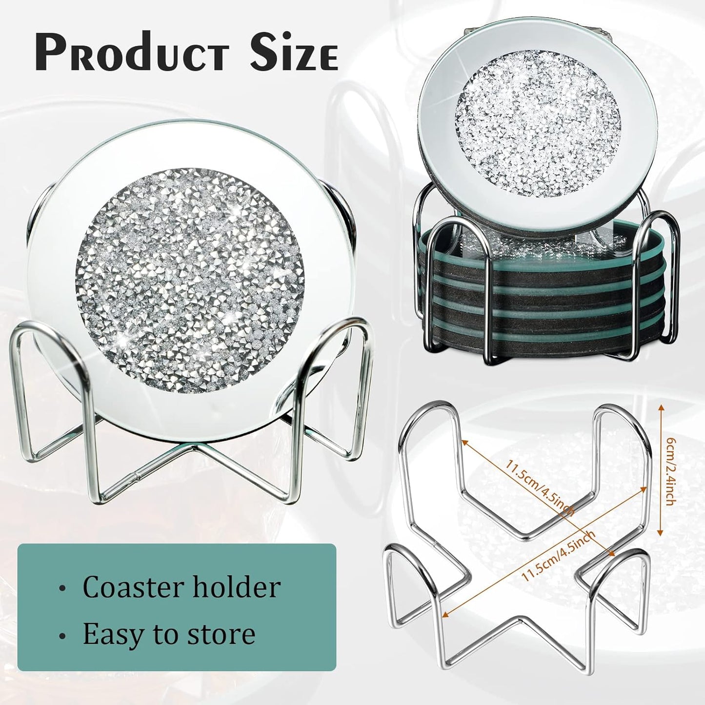 1 Holder 4" Crushed Diamond Round Cup Mat Glitter Crystal Rhinestone Glass / Silver / Set of 6