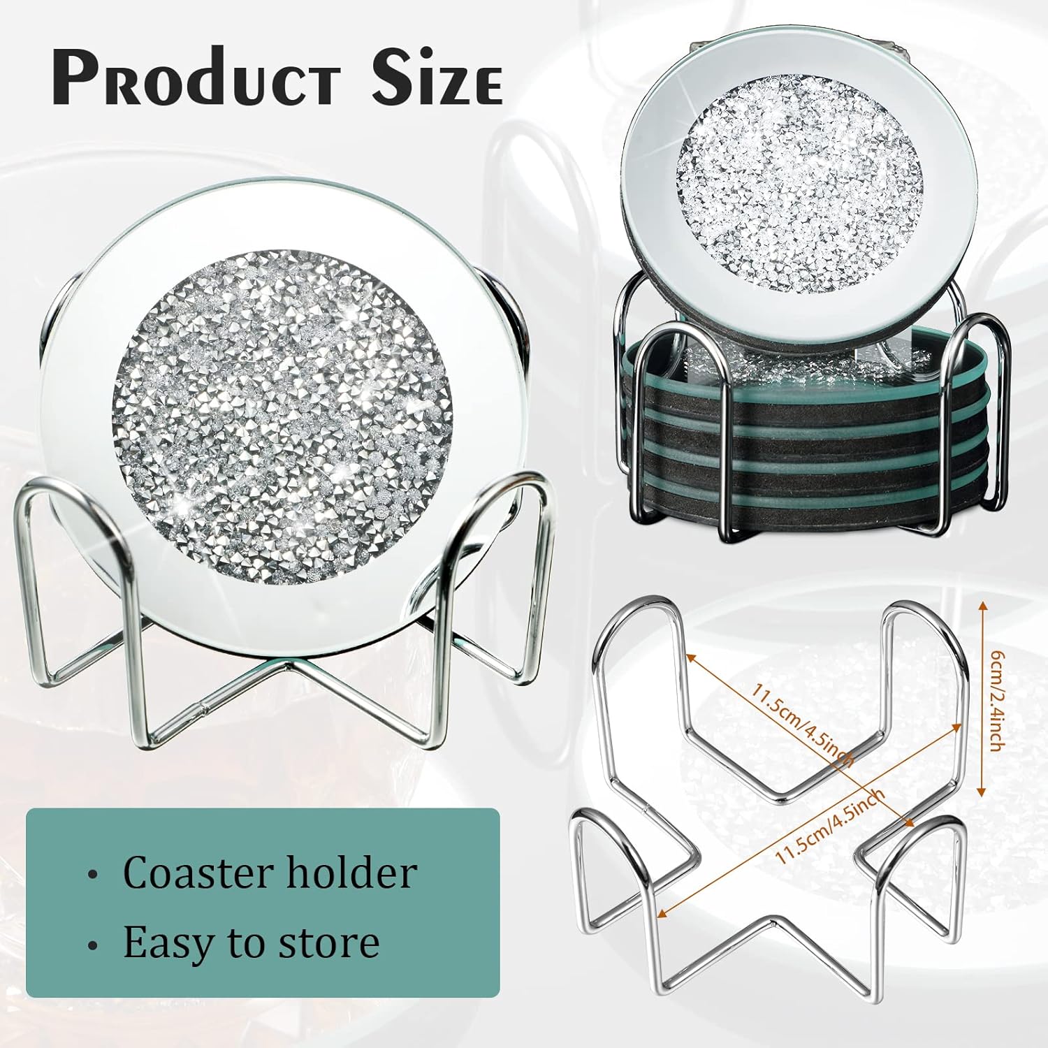 1 Holder 4" Crushed Diamond Round Cup Mat Glitter Crystal Rhinestone Glass / Silver / Set of 6
