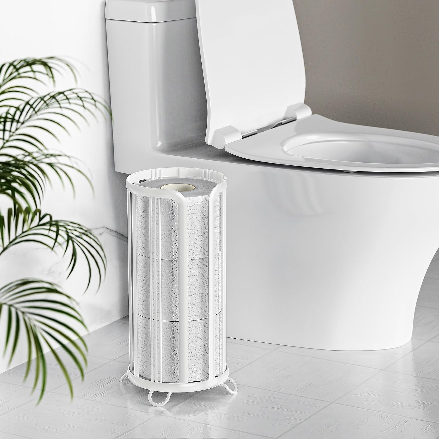 Toilet Paper Holder Stand, Freestanding Bathroom Tissue Organizer, Minimalistic Storage Solution, Reserve Mega