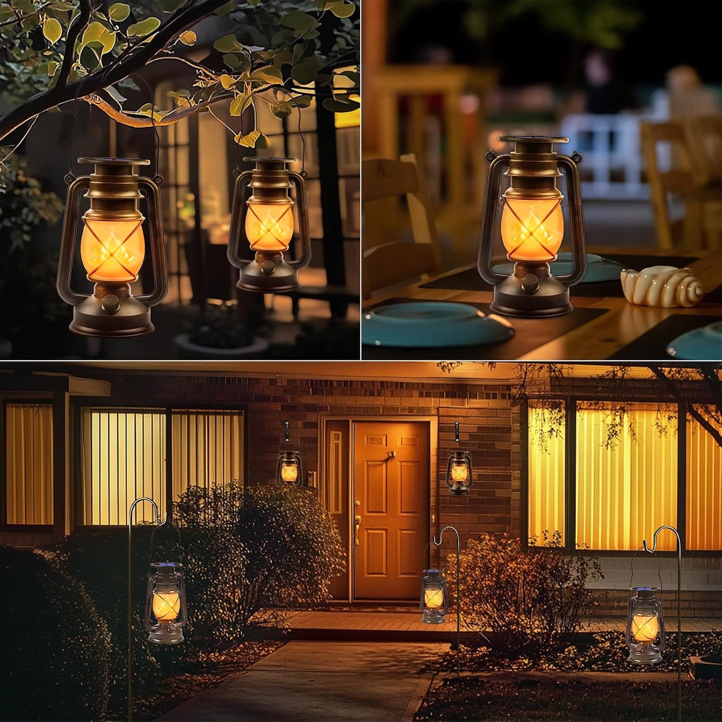 Solar Lanterns Outdoor Waterproof, 2 Pack Bronze Flickering Flame Lights | Vintage LED Hanging Lantern, Outdoor
