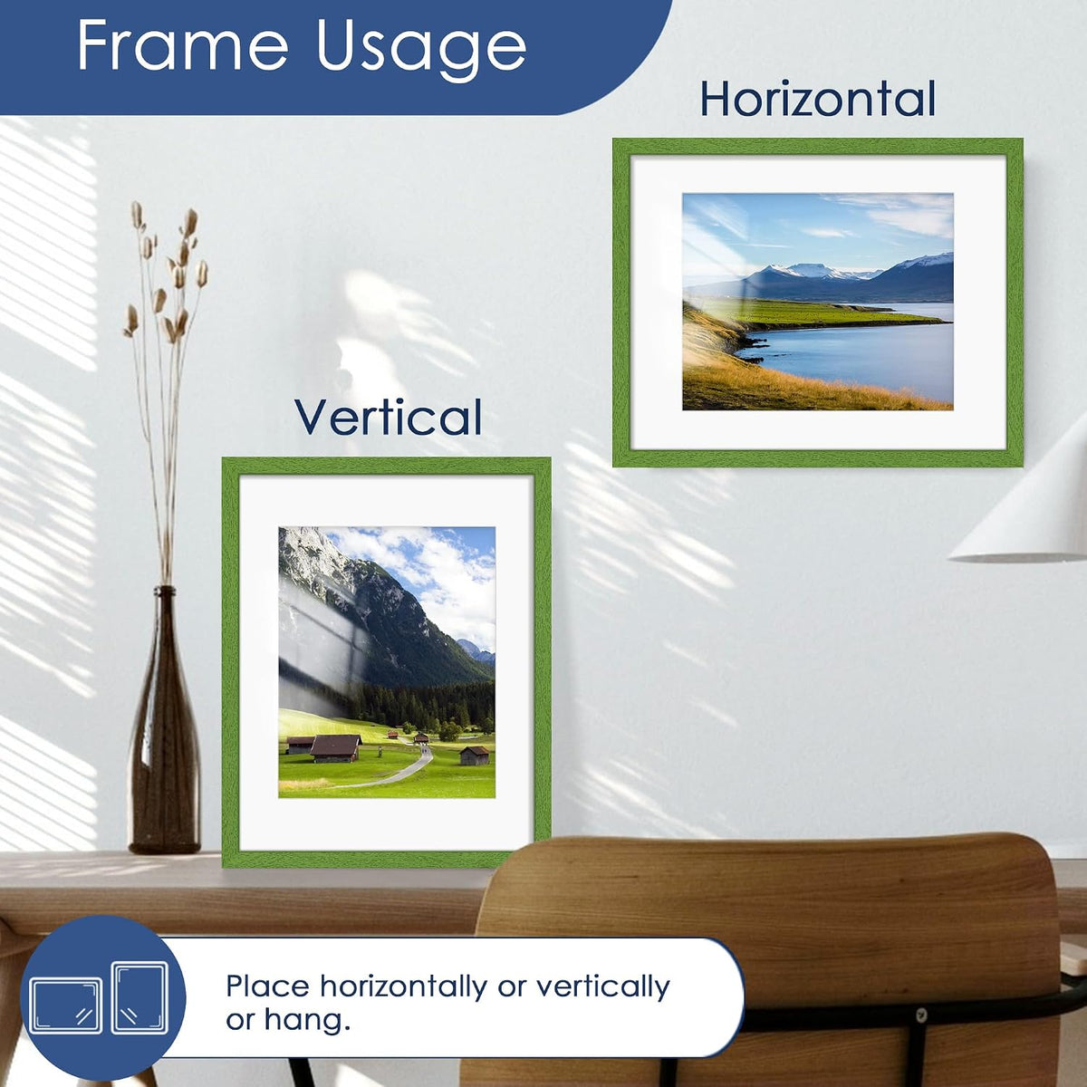 11x14 Picture Frame Set of 6, Wall or Tabletop Display, Green | Display Pictures 8x10 with Mat or 11x14 Without Mat