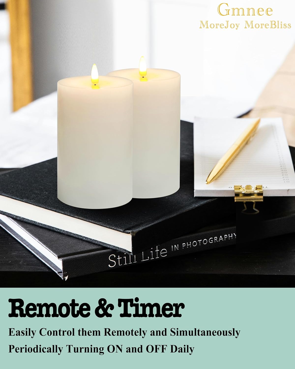 Gmnee 4"x8" Flickering Flameless Candles with Remote Timer, Real Wax, White | 2 Pack 4" Diameter Extra-Large Pillar