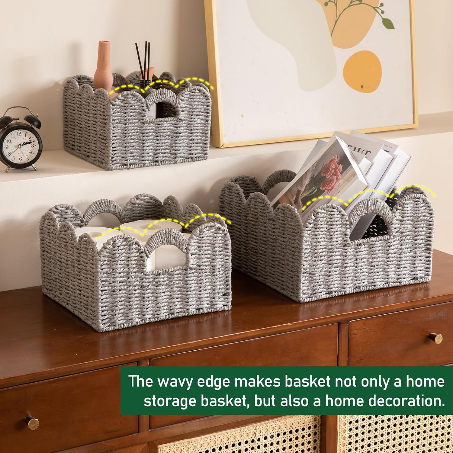 Scalloped Wicker Baskets / Grey