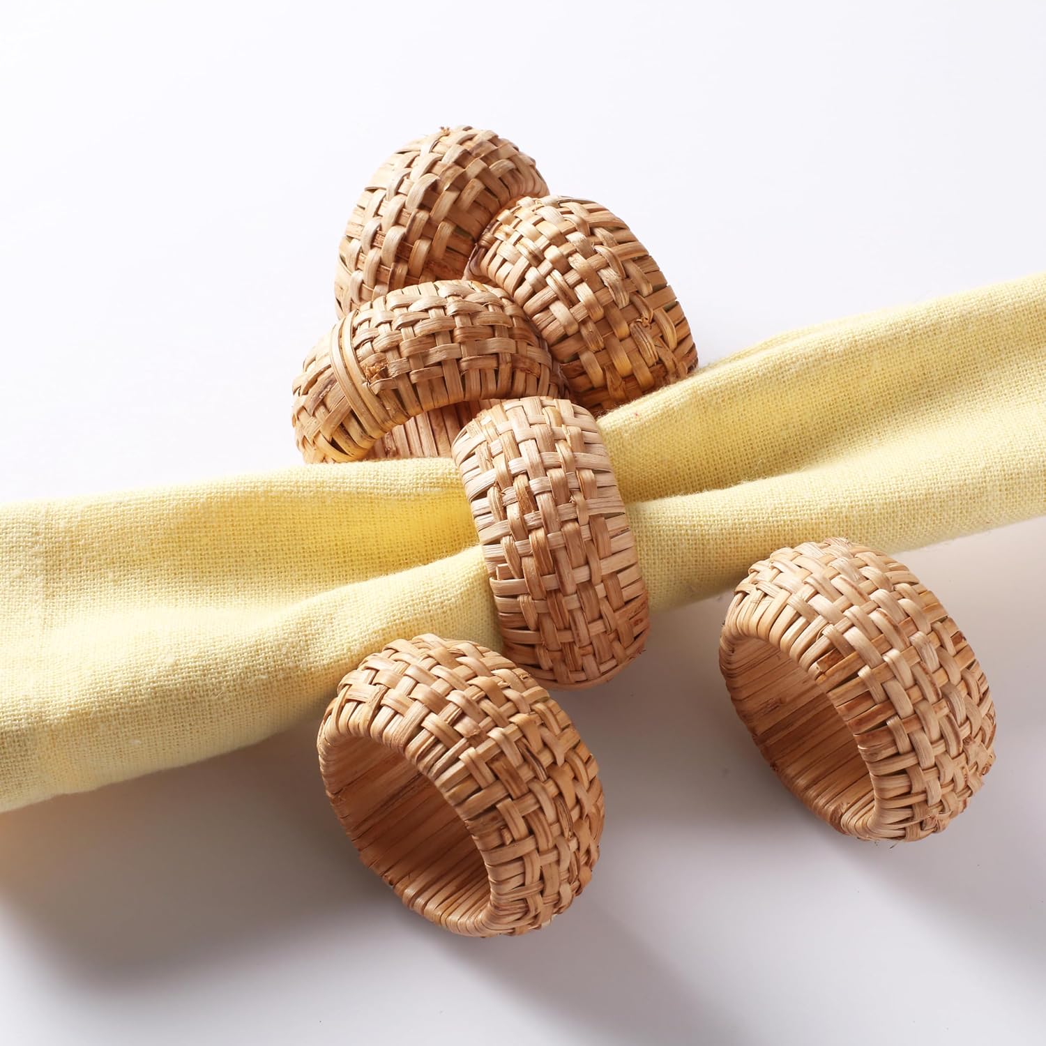 Woven Jute Napkin Rings, Set of 12, Natural Rattan | Handmade rattan, plastic base, 2.5x2.5x1 in each, set of 12