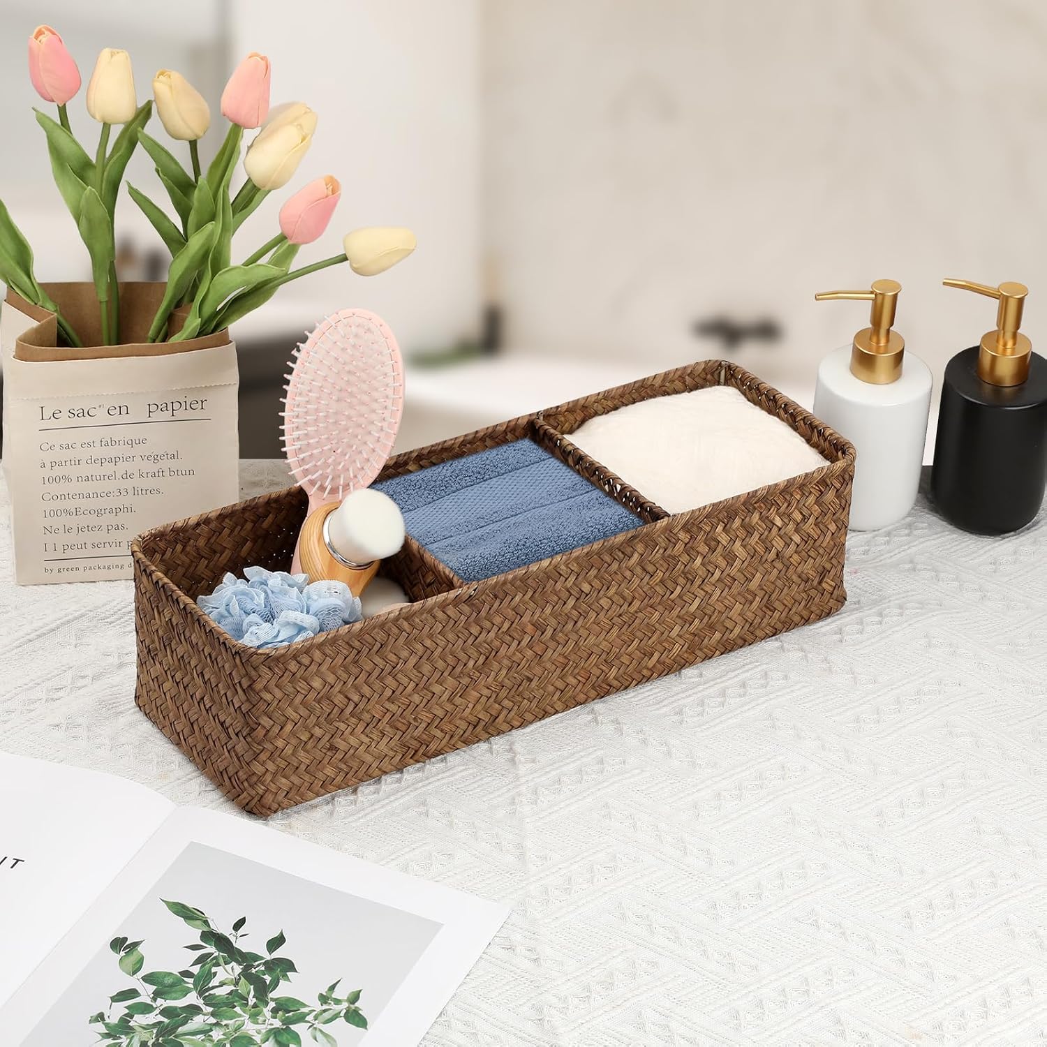 Handwoven Wicker Storage Box 3 Sections Seagrass Basket Bin Toilet Paper Holder / Large / Coffee