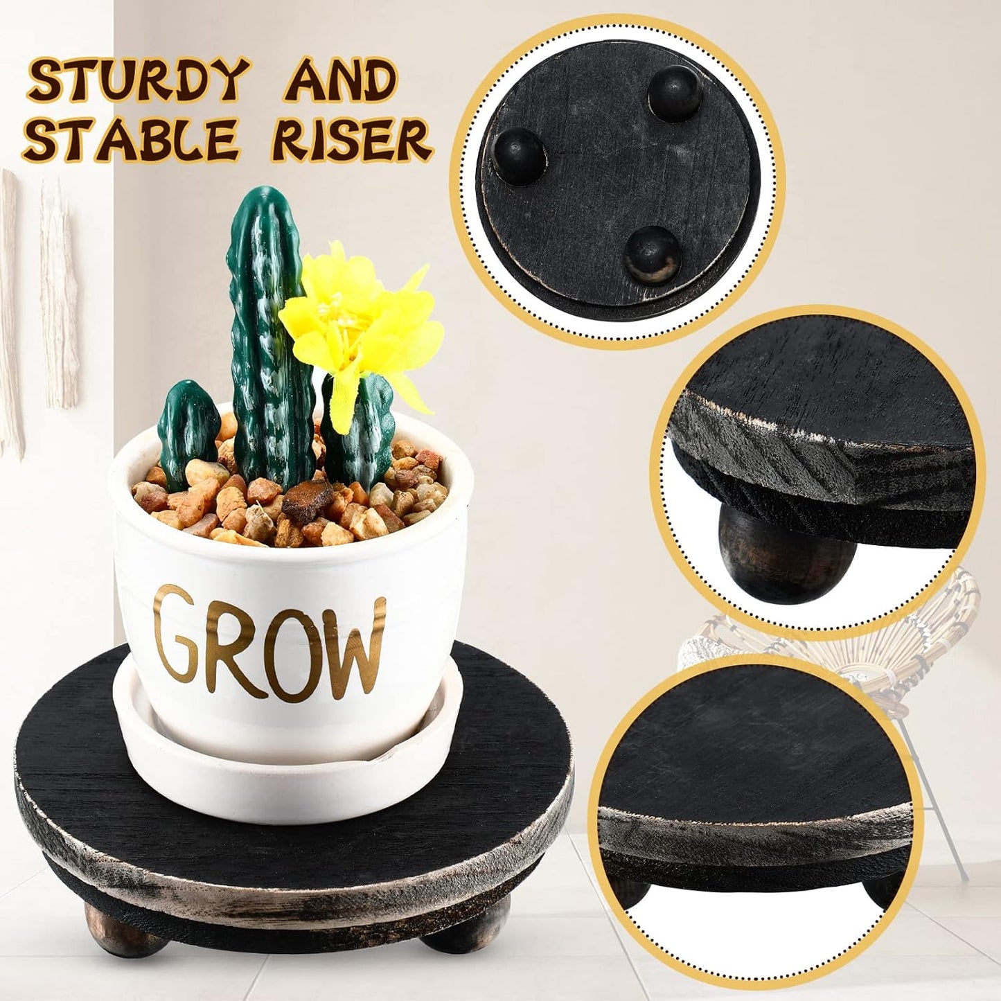 Wooden Risers for Display Wood Pedestal Stand Mini Tray / Black / 5/4/3 Inch / 3 Inch / Set of 3