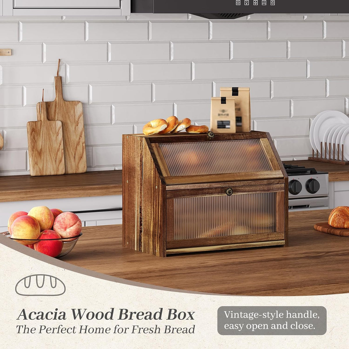 Kitsanery Bread Box for Kitchen Countertop, Acacia Wood Bread Storage Container, 2 Layer Large bread holder, Pantry
