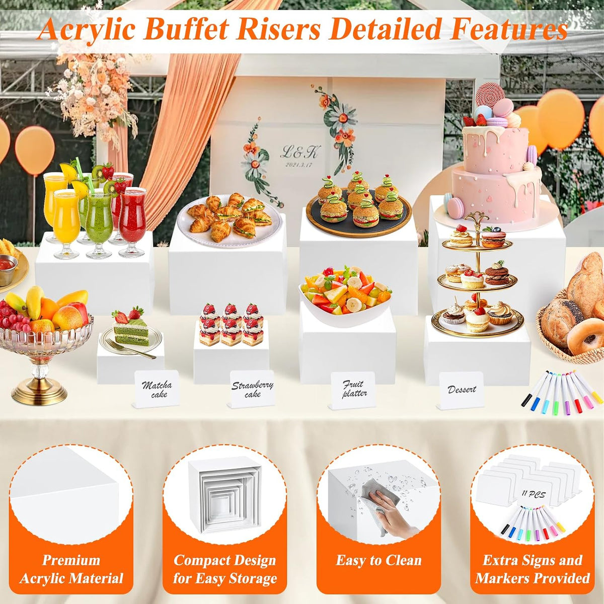 11 Pcs White Acrylic Buffet Risers and Stand with Mini Table Sign and Maker | Food Riser for Buffet Table Display Stand
