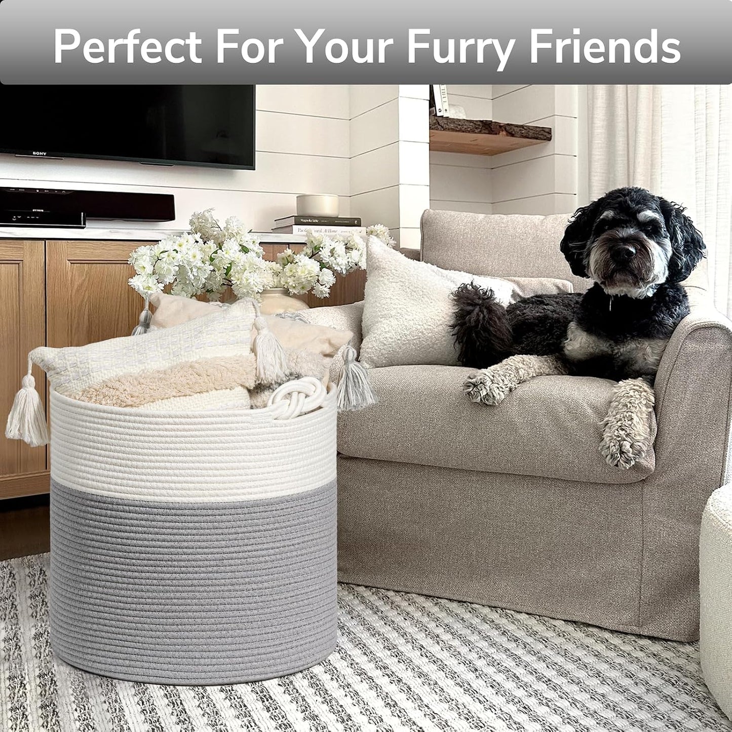 Woven Rope Blanket Basket / Grey / 15 x 14.2