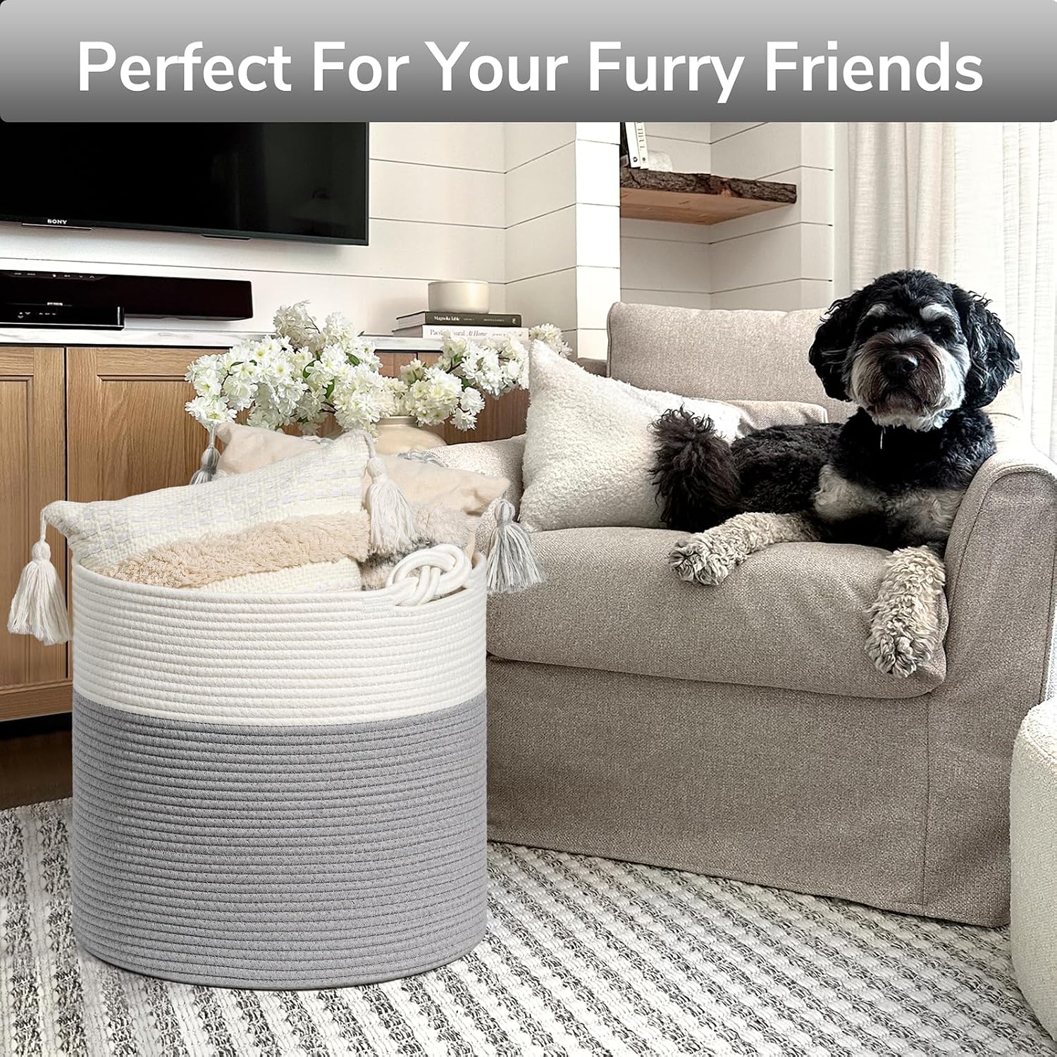Woven Rope Blanket Basket / Grey / 15 x 14.2