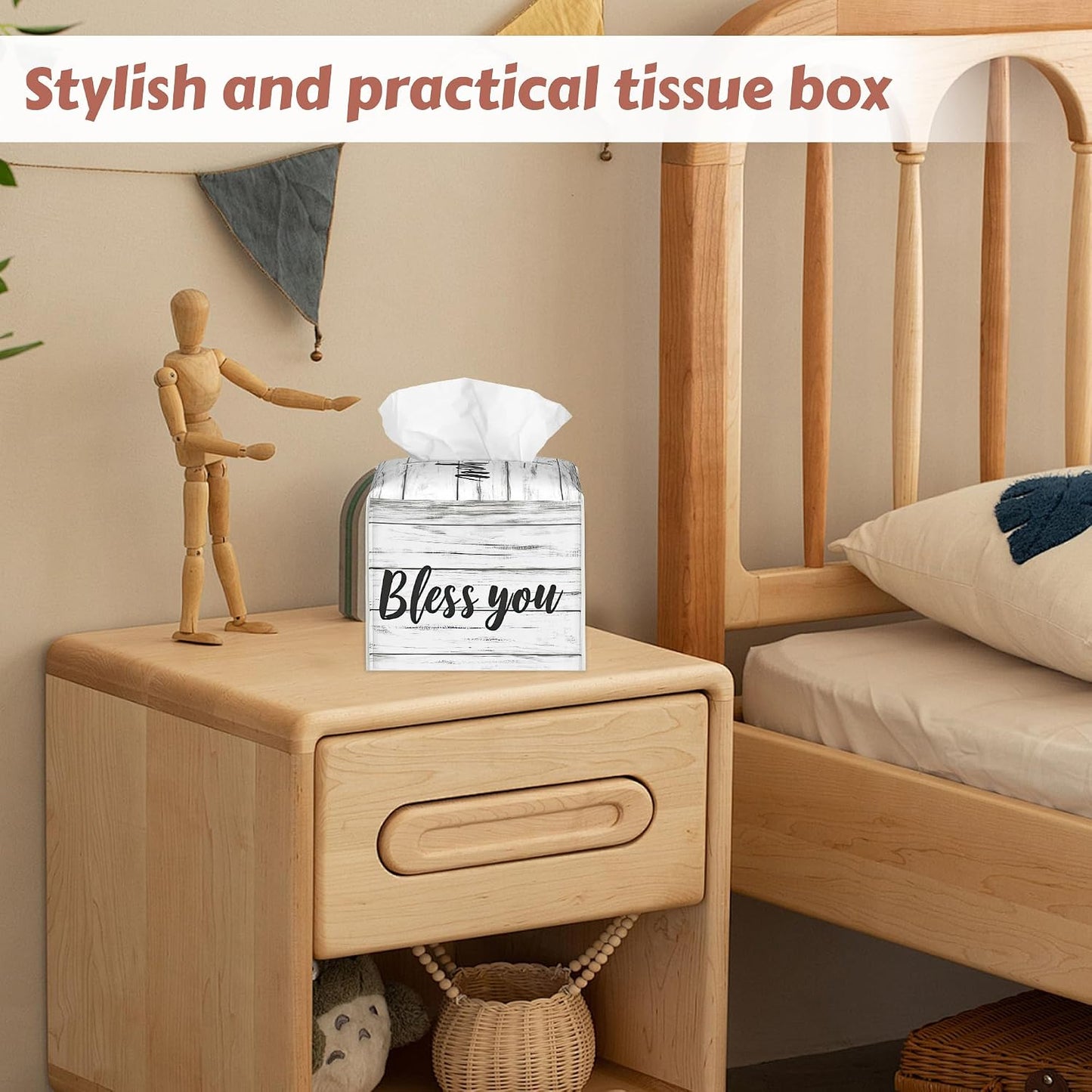 Tissue Box Holder Leather Facial Paper Case Modern Home Decoration / Bless You Wood Grain