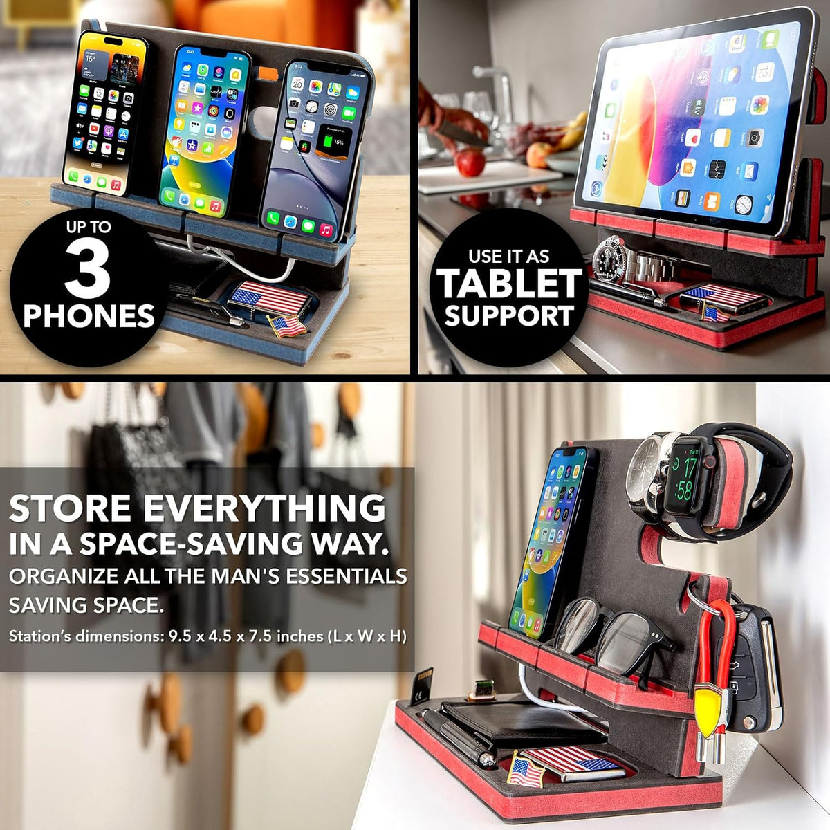Wooden Docking Station for Cell Phone, Tablet, Wallet, Gadgets, Watch, Keys, Accessories, Essentials Desk Organizer