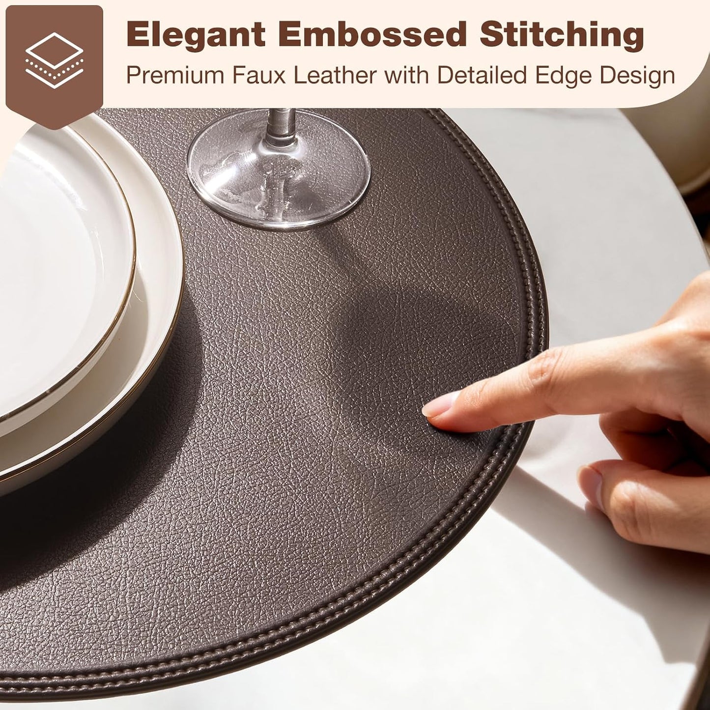 Round Vinyl Brown Placemats Set of 6, Faux Leather Waterproof Wipeable Heat Resistant Place Mats, Washable Table Mats