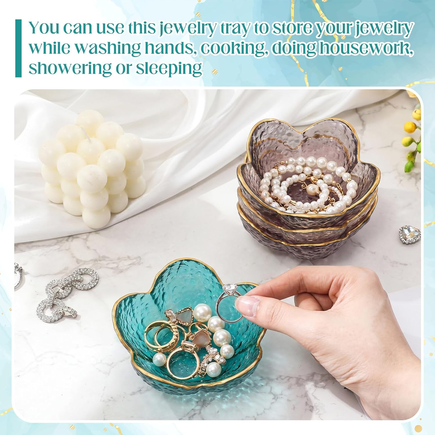 Jewelry Dish Small Flower Ring Holder Trinket Tray / Clear,purple, Gray, Green / Glass / Set of 4