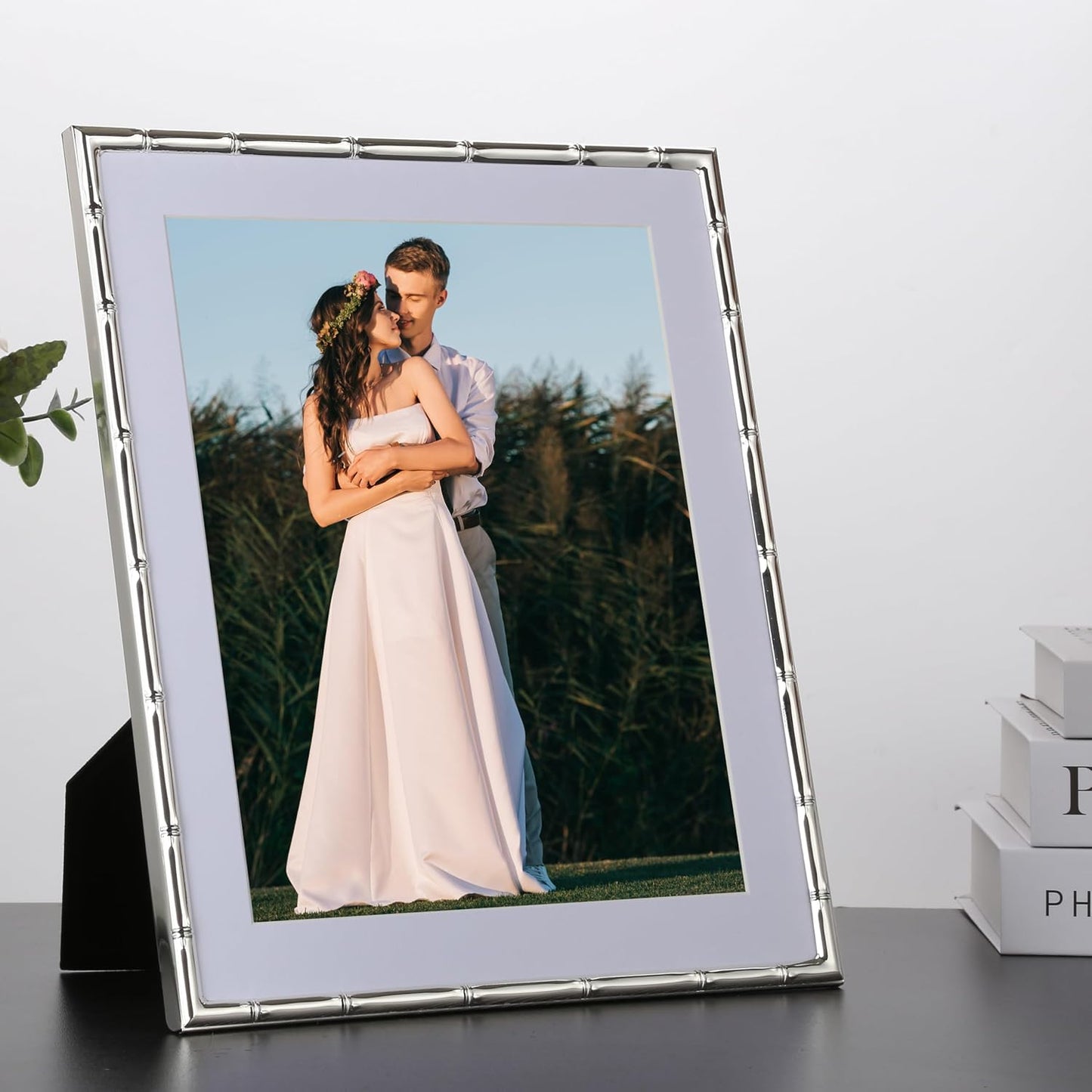 YiPinYin 10x12''Bamboo Detail Silver Metal Photo Frame with Acid Free Mat for 8x10'' Set of 2,Elegant Narrow Plated
