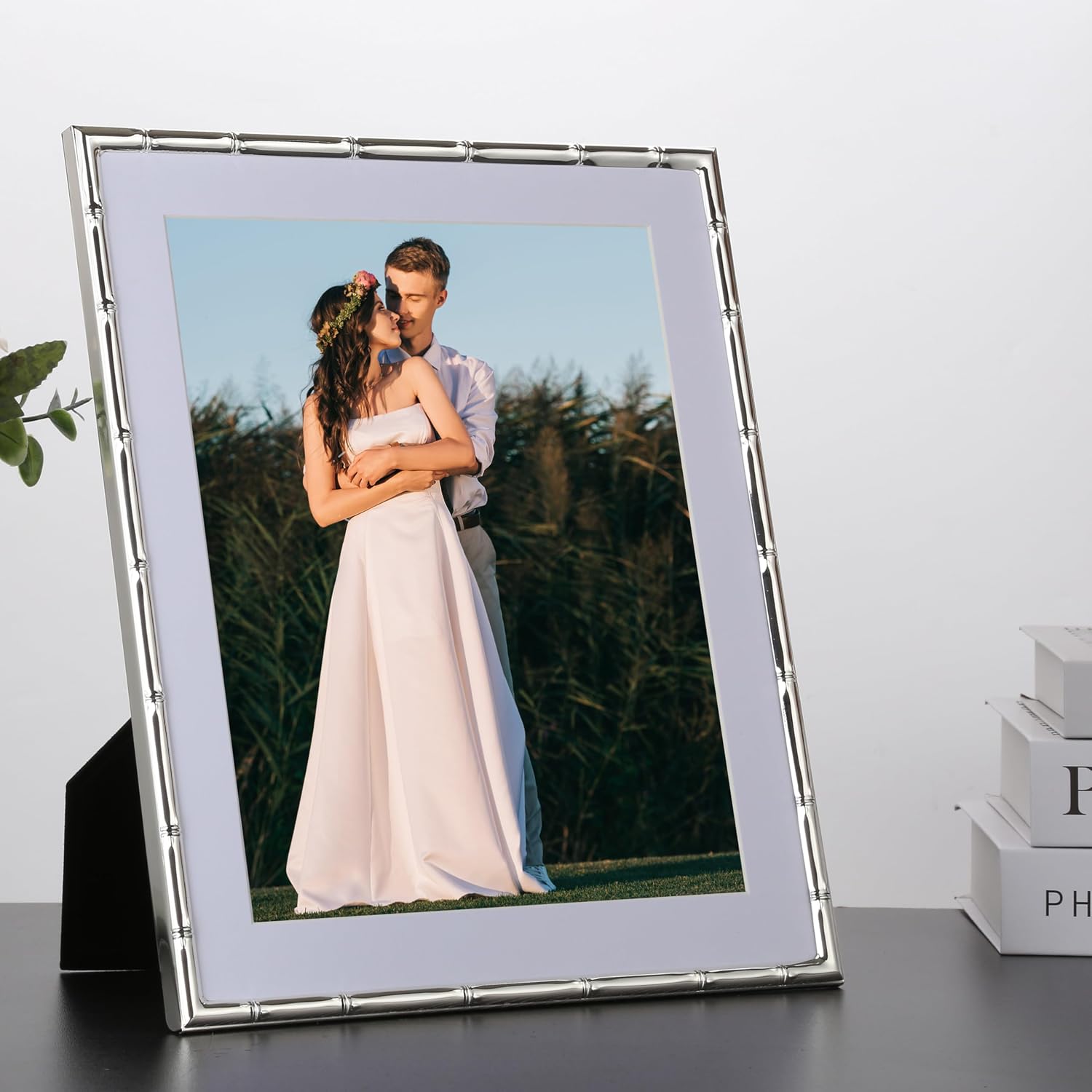 YiPinYin 10x12''Bamboo Detail Silver Metal Photo Frame with Acid Free Mat for 8x10'' Set of 2,Elegant Narrow Plated