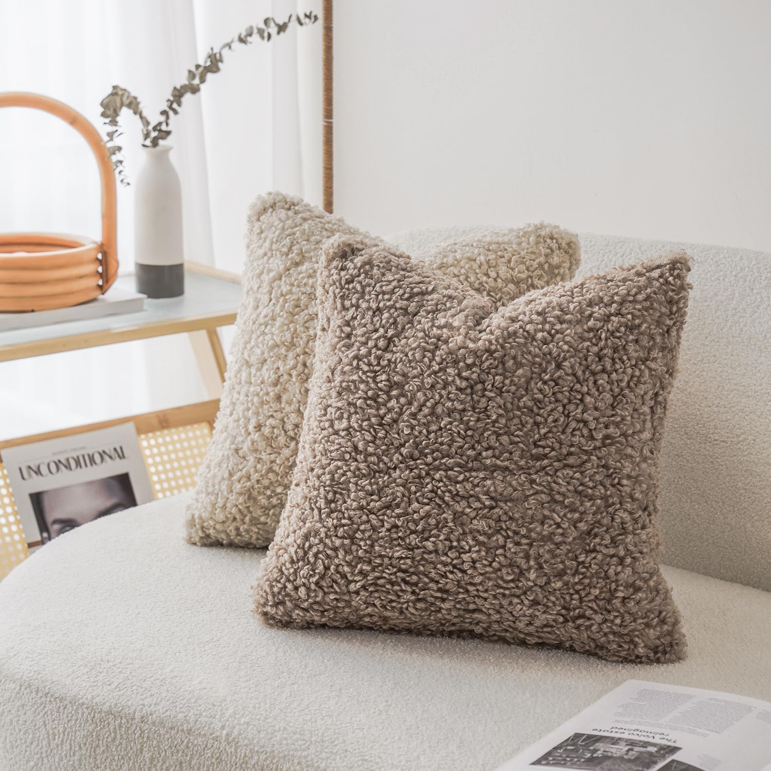 Teddy Faux Fur Throw Pillow Cover Decorative Sherpa Pillow Fuzzy / 18 x 18 / Khaki / Set of 2