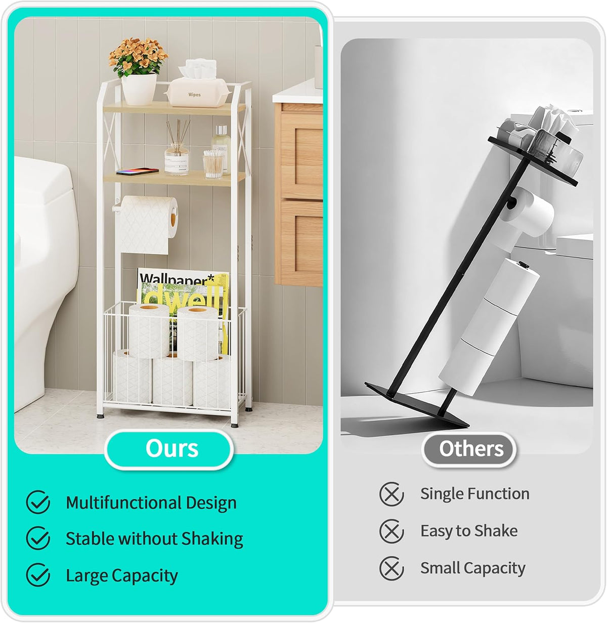 HapiRm Freestanding Toilet Paper Holder - 4-Tier Bathroom Tissue Organizer with Wood Shelves and Large Basket, Toilet
