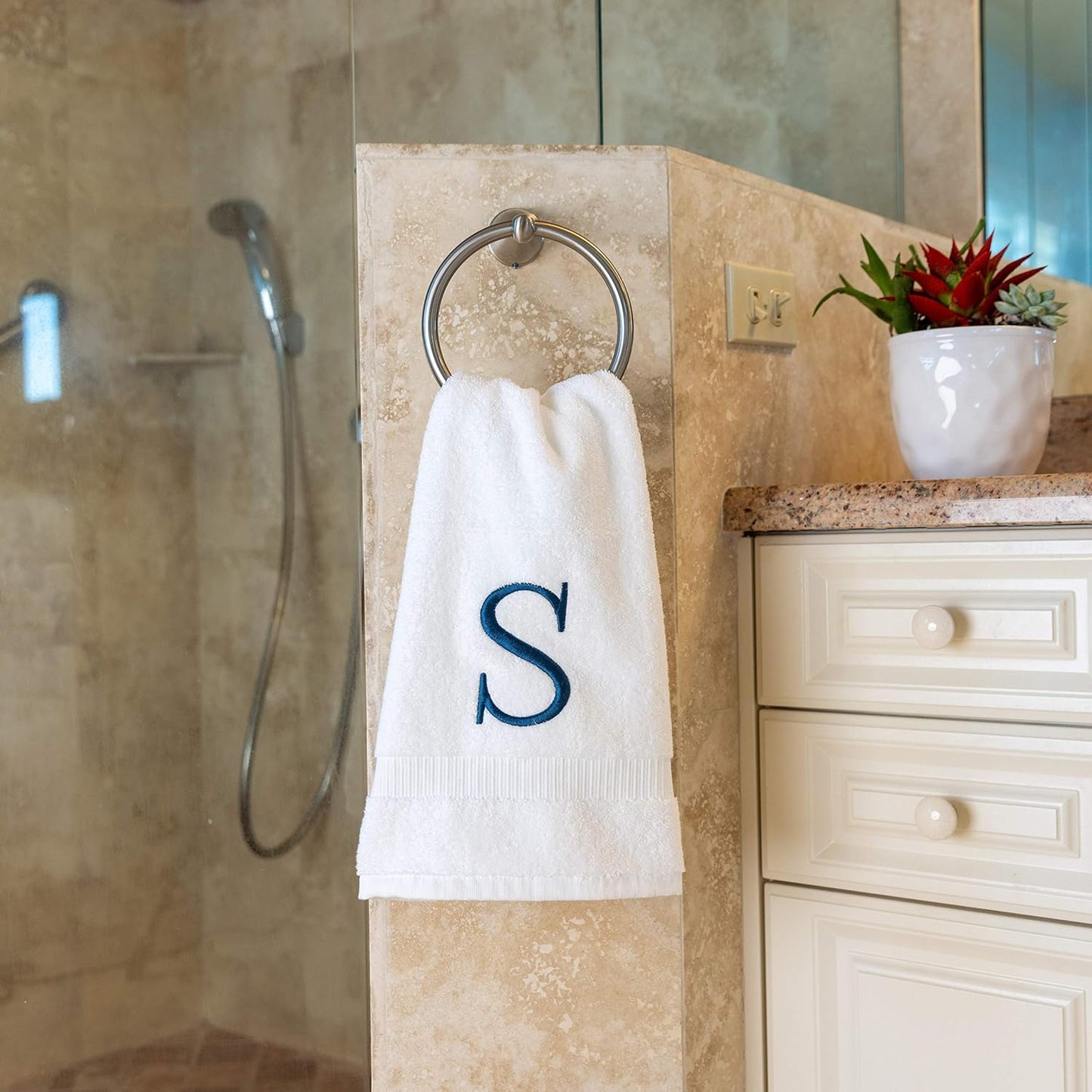 White with Navy Monogrammed Hand Towels for Bathroom - Set of 2 Letter S | Luxury Hotel Quality Initial Towels For