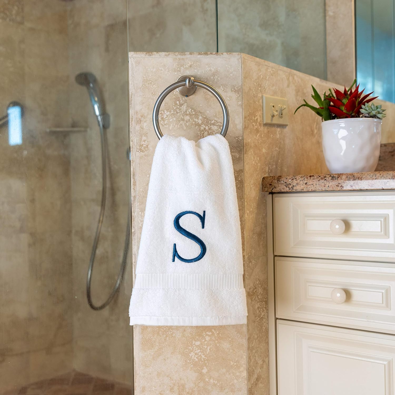 White with Navy Monogrammed Hand Towels for Bathroom - Set of 2 Letter S | Luxury Hotel Quality Initial Towels For