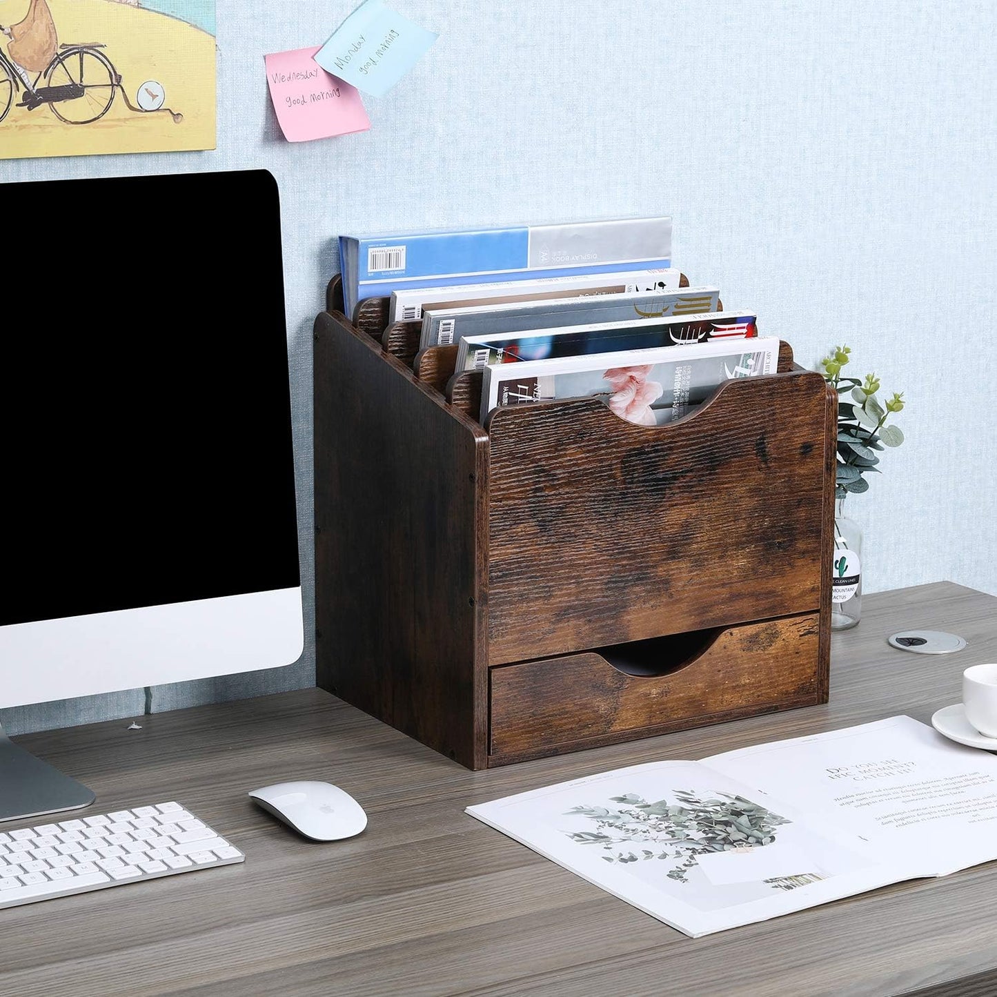 Wood Desktop File Holder Organizer Mail Sorter with Drawer, for File Folders, Mails, Envelopes, Mailing Supplies or
