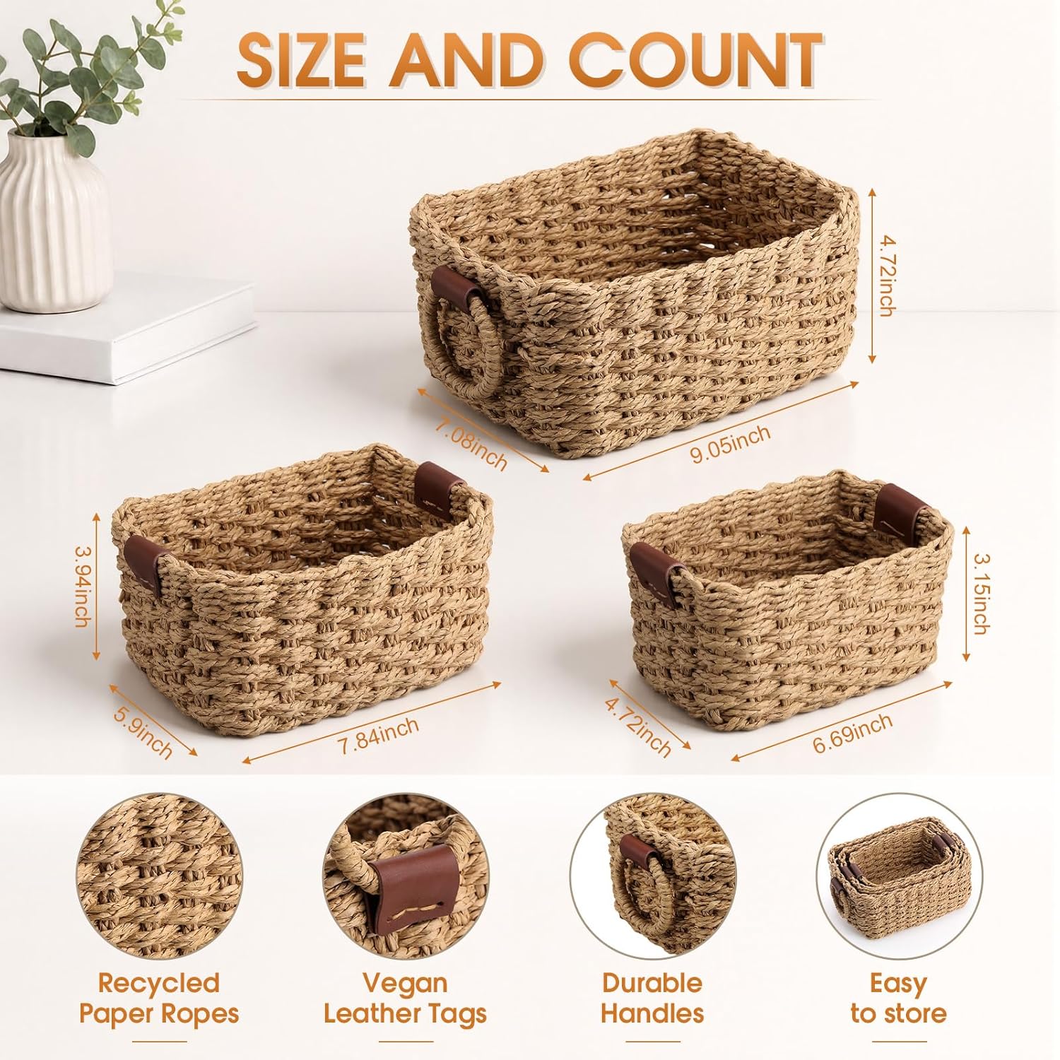 Toilet Paper Storage Wicker Baskets Bathroom Counter Organizer / Paper Rope / Brown / Set of 3