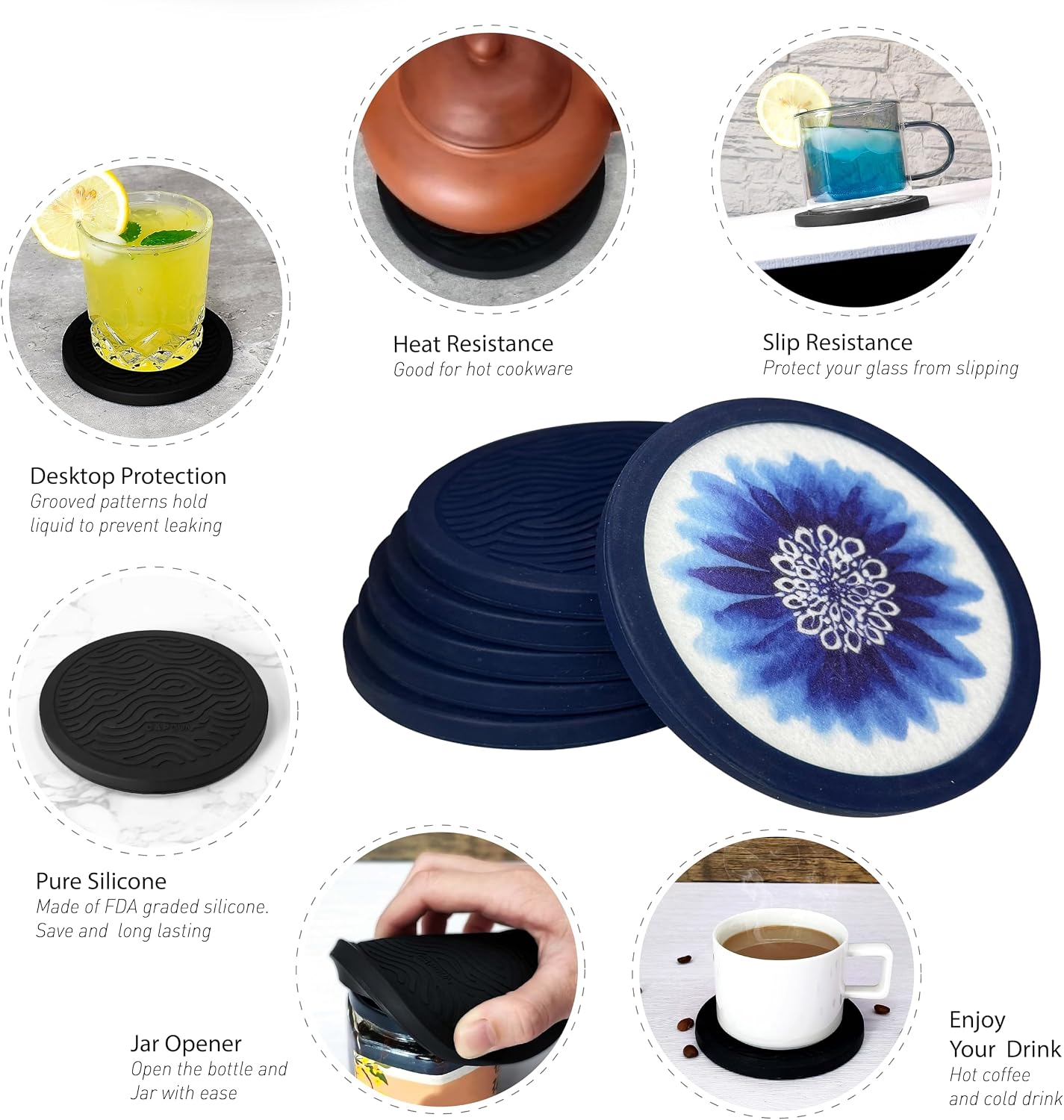 Indigo Floral Non-Slip Silicone Coasters / 6pc / Set of 4