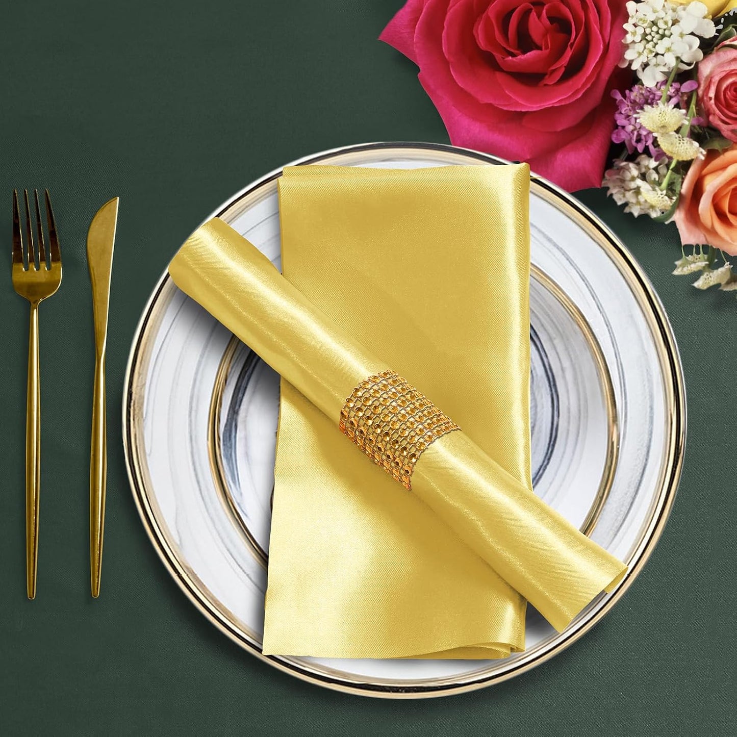 Gold Satin Napkins & Napkin Rings Set, 100 Pack, 12x12 Inch | Set of 50 Napkins, Silky Soft Cloth, Square Satin Dinner