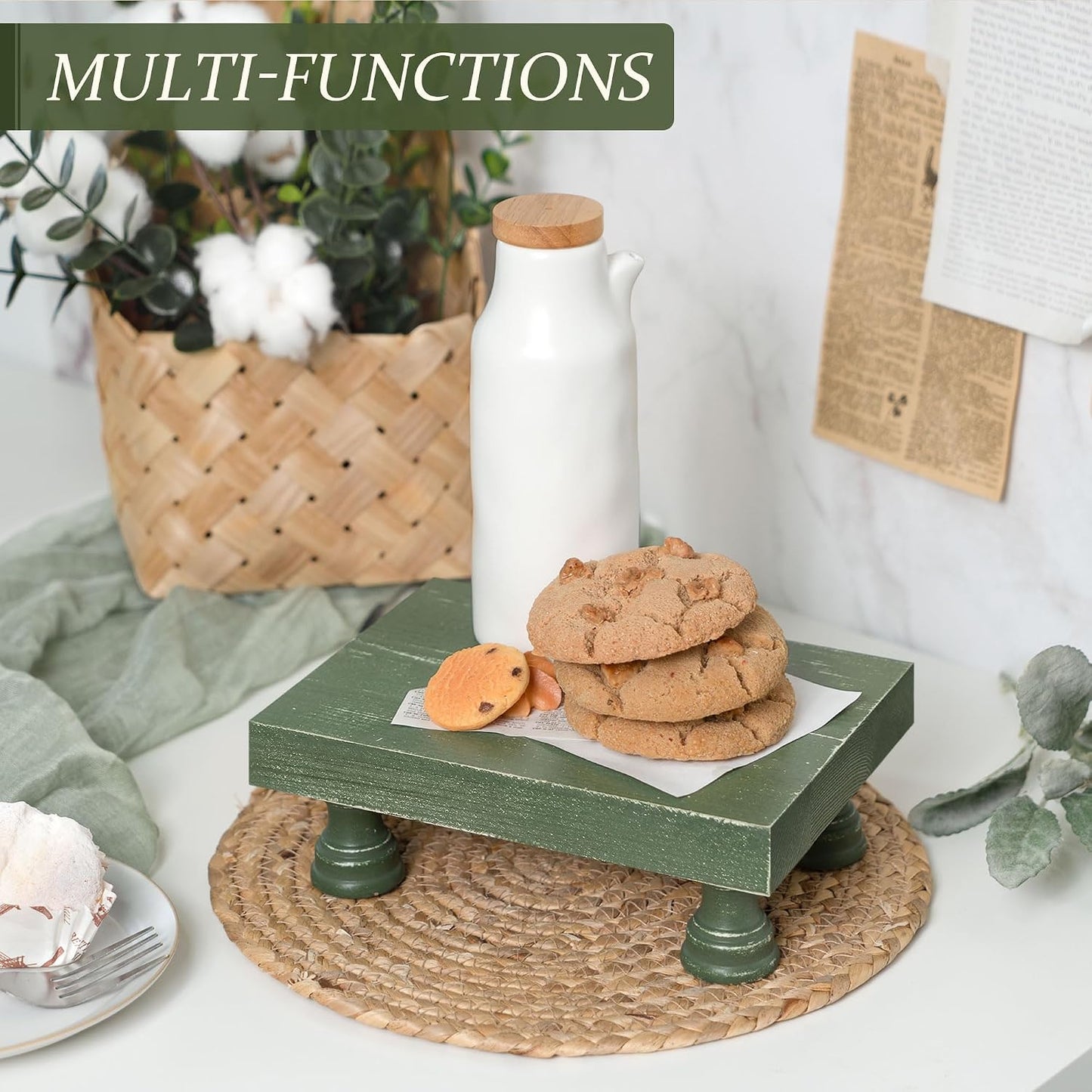 EOSAHR Square Wood Riser & Display Stand for Kitchen Counter, Green | Pine Wood, 8.5" Decorative Riser, Plant Display