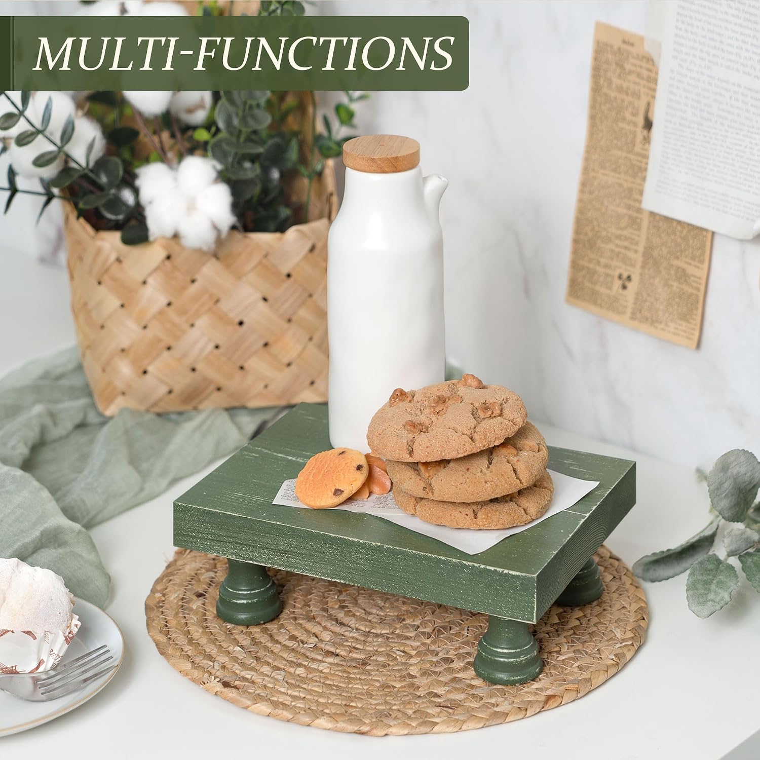 EOSAHR Square Wood Riser & Display Stand for Kitchen Counter, Green | Pine Wood, 8.5" Decorative Riser, Plant Display
