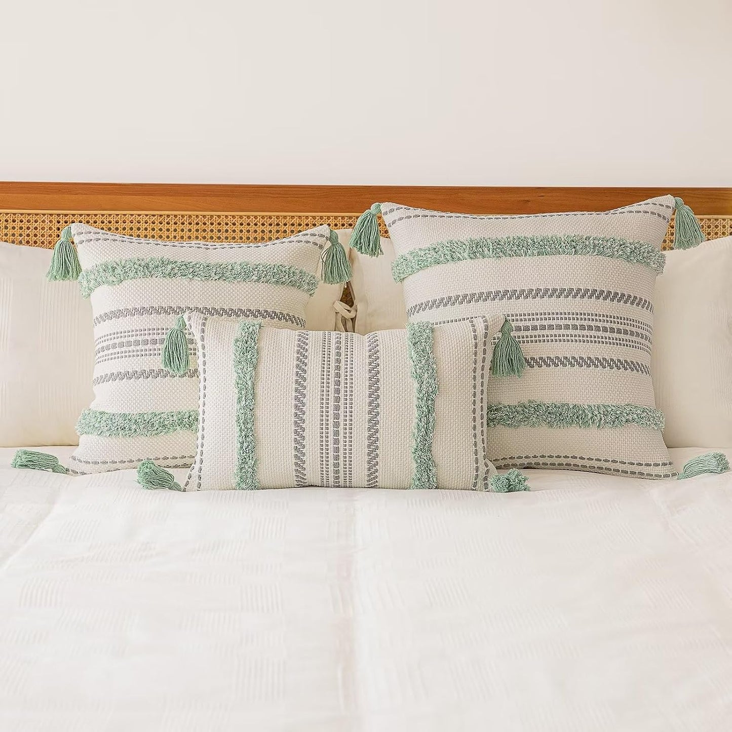 Boho Throw Pillow Covers Woven Tufted Farmhouse Pillows Cover / Light Green / 18 x 18 / Set of 2