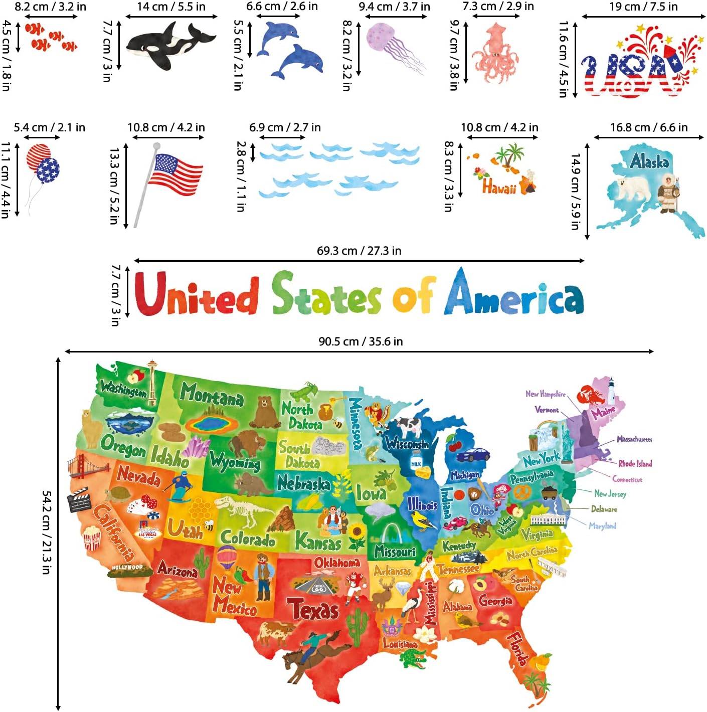 SG2-2307 Colourful USA Wall Stickers Decals Peel and Stick Removable for Kids Nursery Bedroom Living
