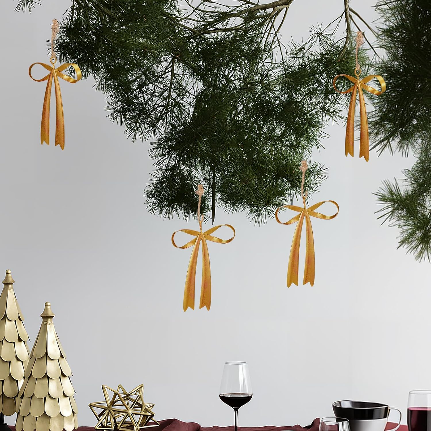Brass Bow Metal Christmas Ornaments Vintage Rust Bow Hanging / Gold / 3.5 x 2.8 / Set of 12