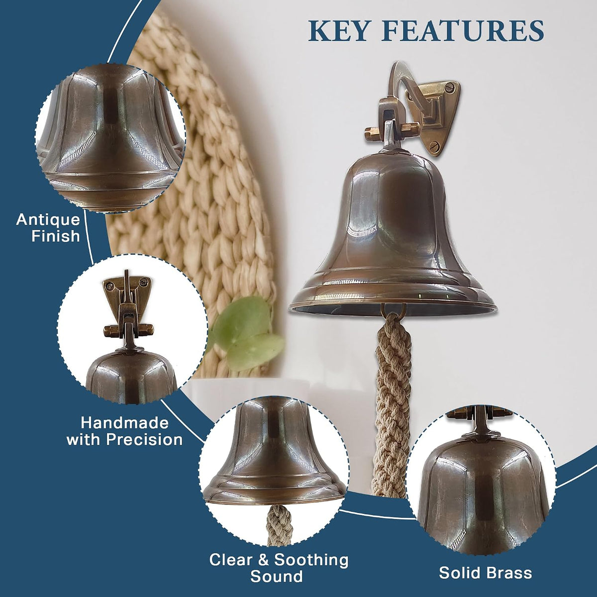 5" Solid Brass Bell Antique Brass Quality Marine Wall Mounted Ship Hanging Bell Perfect for Dinner, Indoor, Outdoor