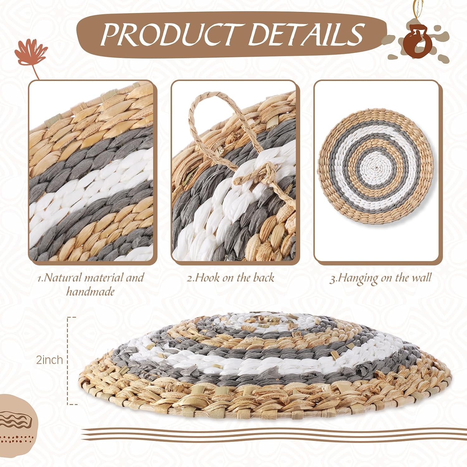 Boho Wall Basket Decor Woven Rattan Seagrass Wall Decor Hanging / Grey White Style / Set of 15