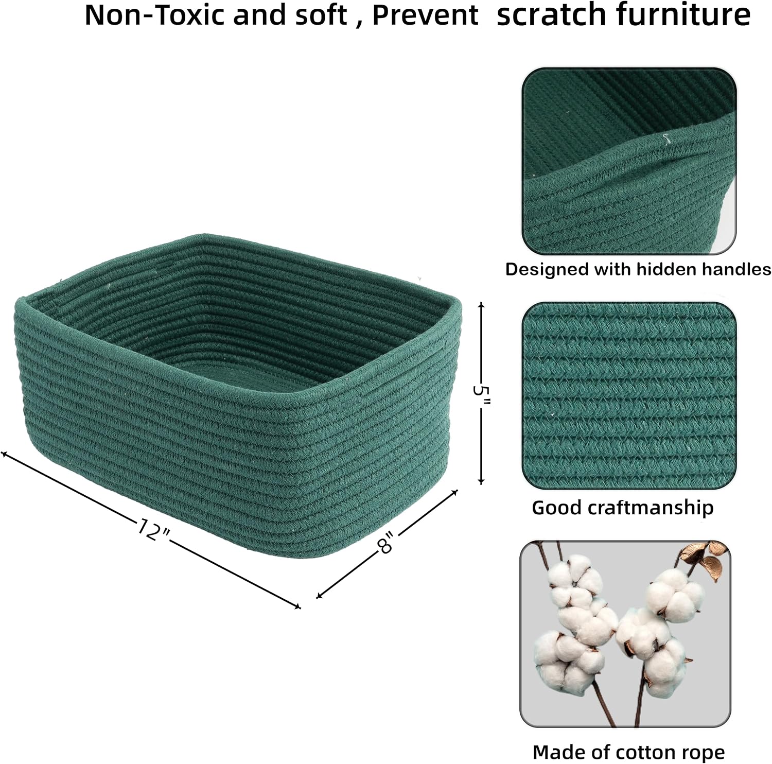 Small Woven Storage Baskets " Decorative Rope Bins / Dark Green / Regular / 12 x 8 x 5