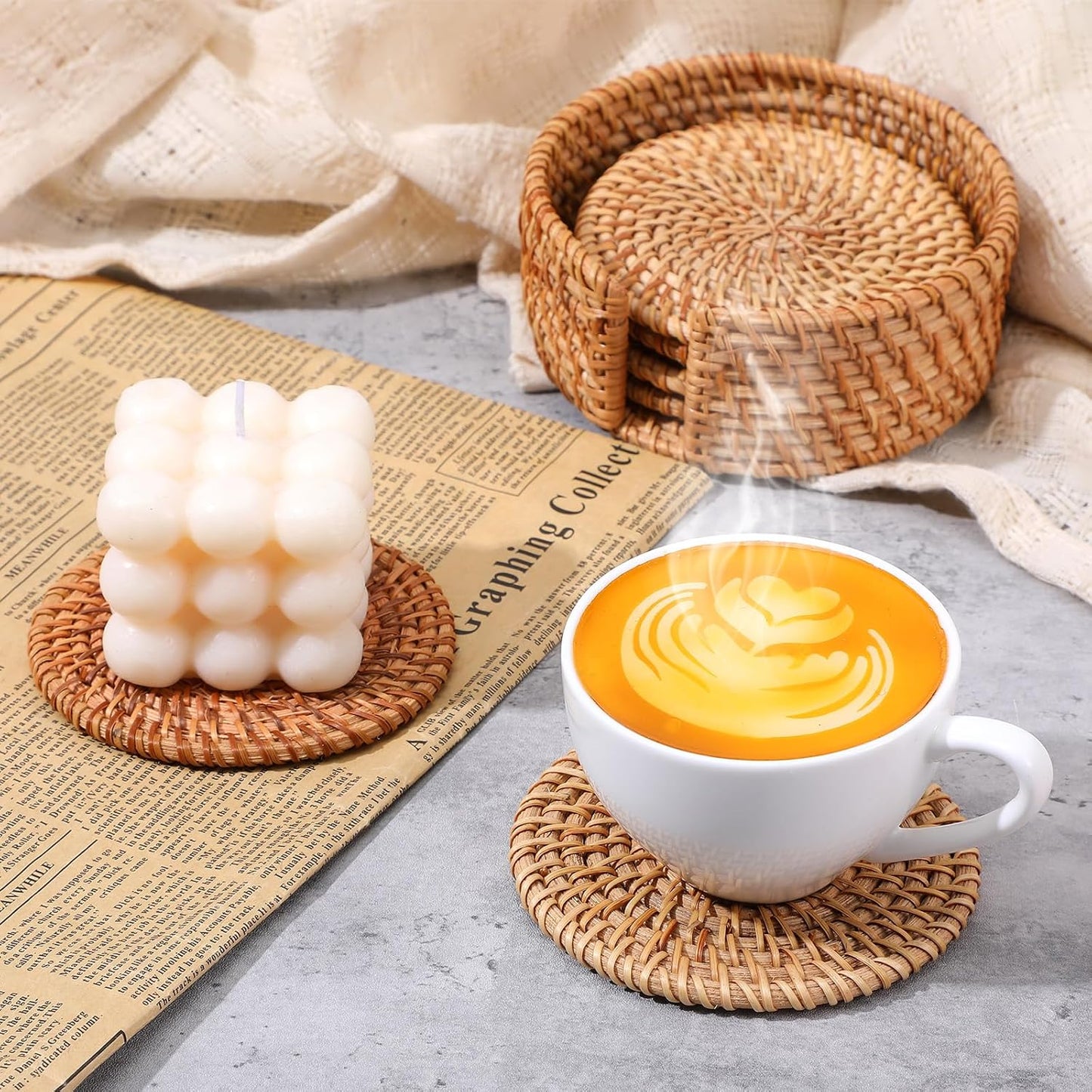 Holder / Wicker Boho Drink Coasters Set / Natural / 4 Inch / Set of 12