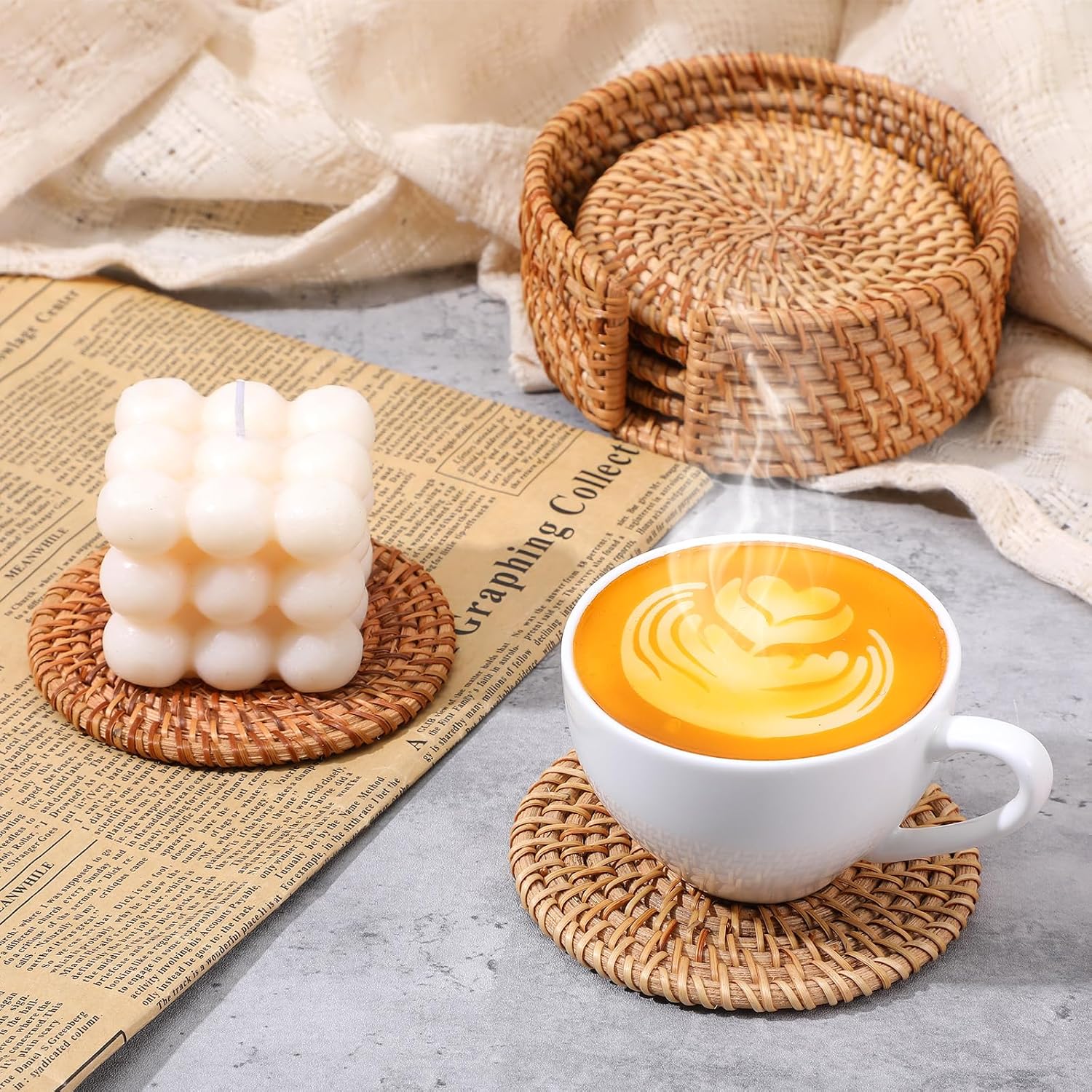 Holder / Wicker Boho Drink Coasters Set / Natural / 4 Inch / Set of 12