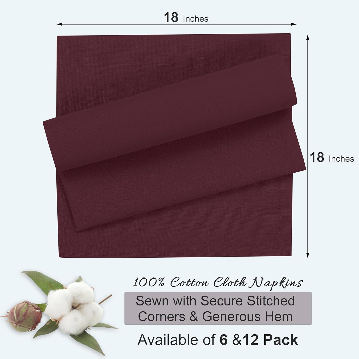 Ruvanti Cloth Napkins Set of 12, 100% Cotton 18”x18” - Burgundy | Washable, Soft, Durable & Absorbent Everyday Napkins.
