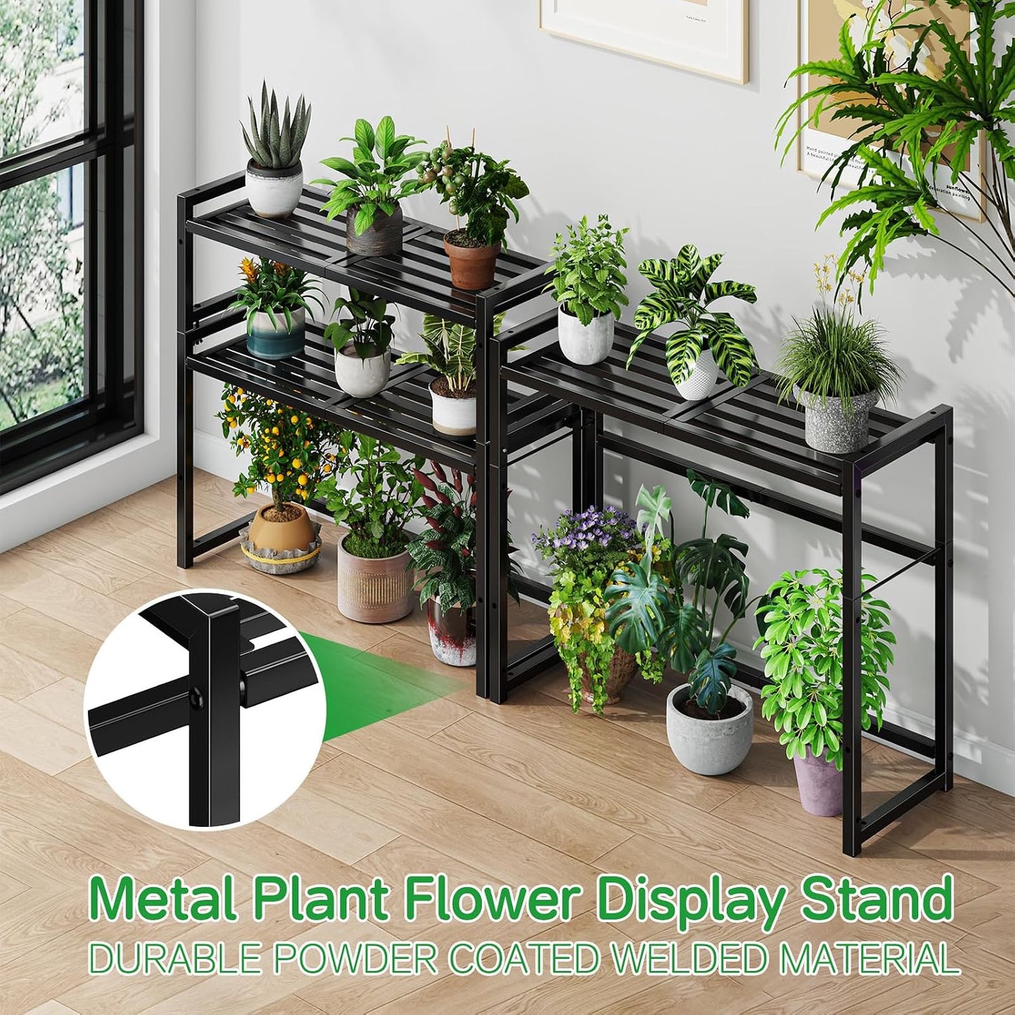 Ekisemio 3-Tier Metal Plant Stand, Heavy Duty Waterproof Indoor Outdoor Stackable Shelf, Tall Flower Pot Holder &