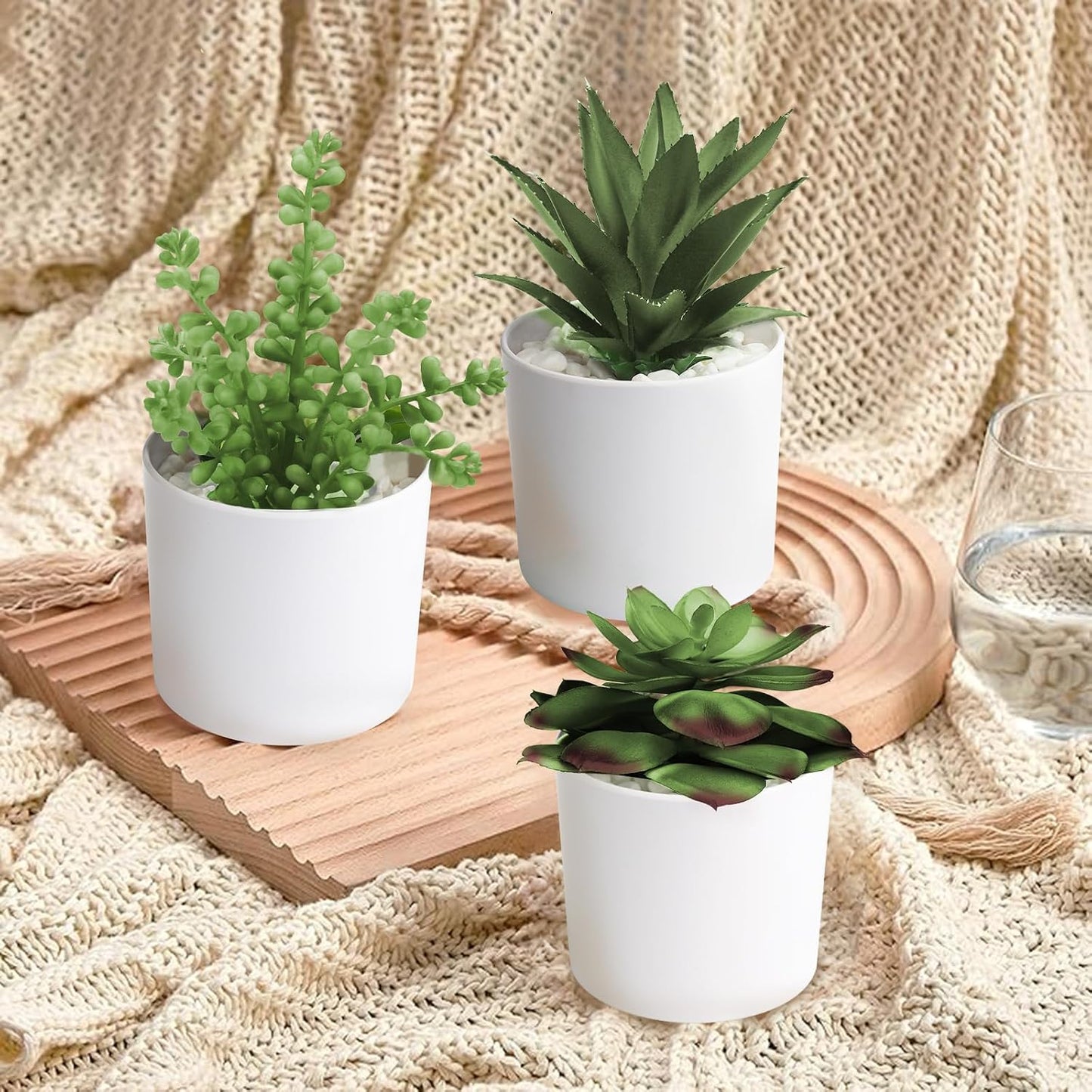 Succulent Plants Artificial in White Pots Small Faux Potted / Faux Plants-white / Set of 3