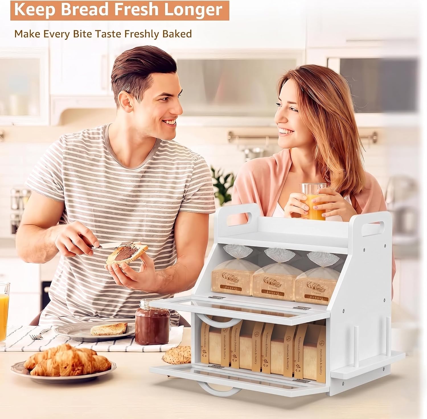 BAMBANG Bread Box for Kitchen Countertop, Extra Large Double Layer Bamboo Breadbox with Clear Window, Farmhouse Wooden
